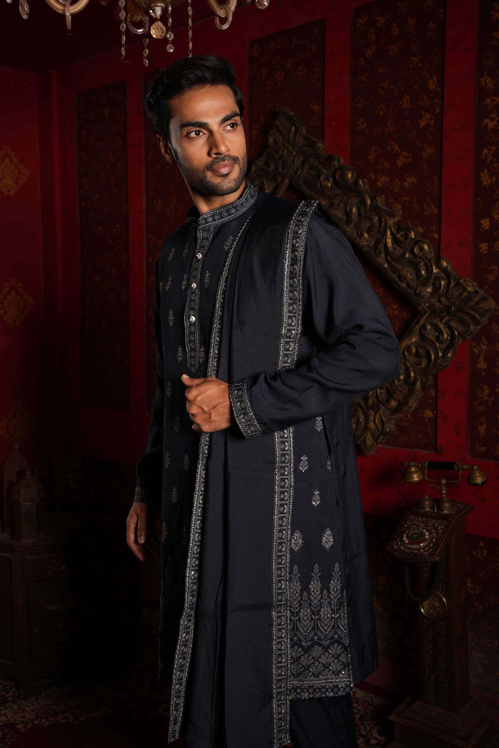 Navy Blue Vine Embroidery Kurta
