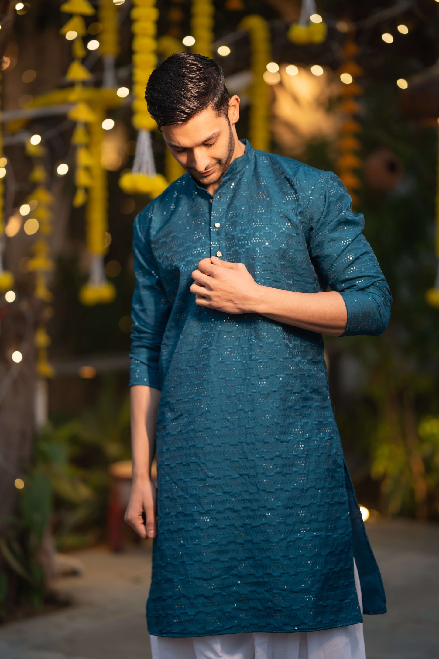 The French Blue Long Kurta With Thread and Sequins Work
