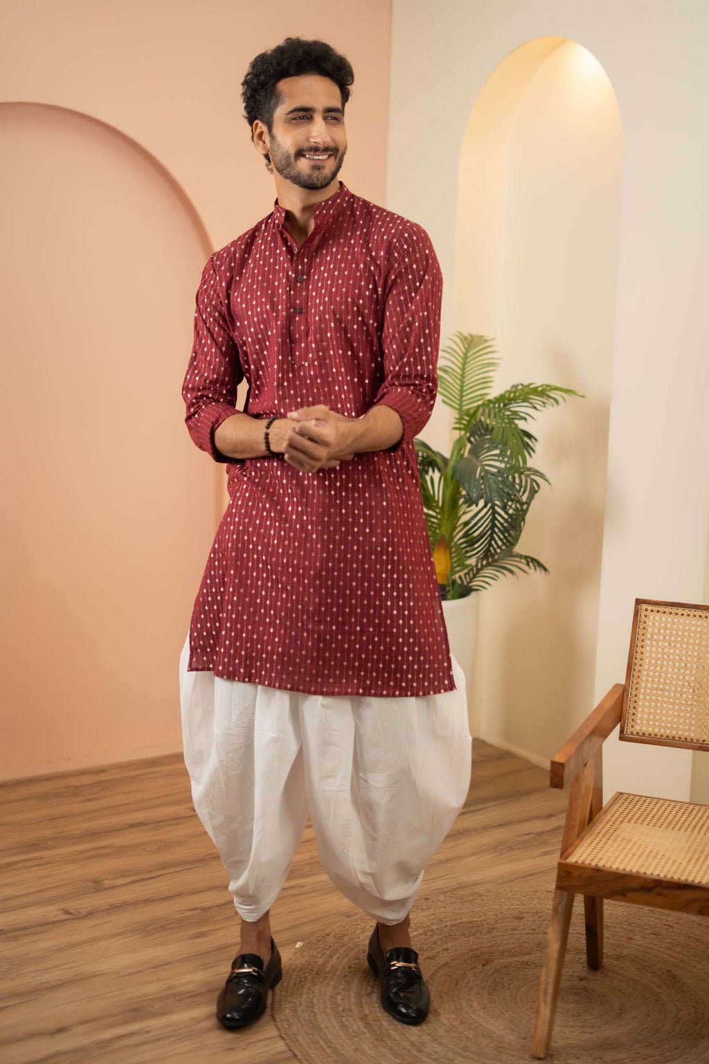The Berry Red Long Kurta With Golden Stripe Zari Work