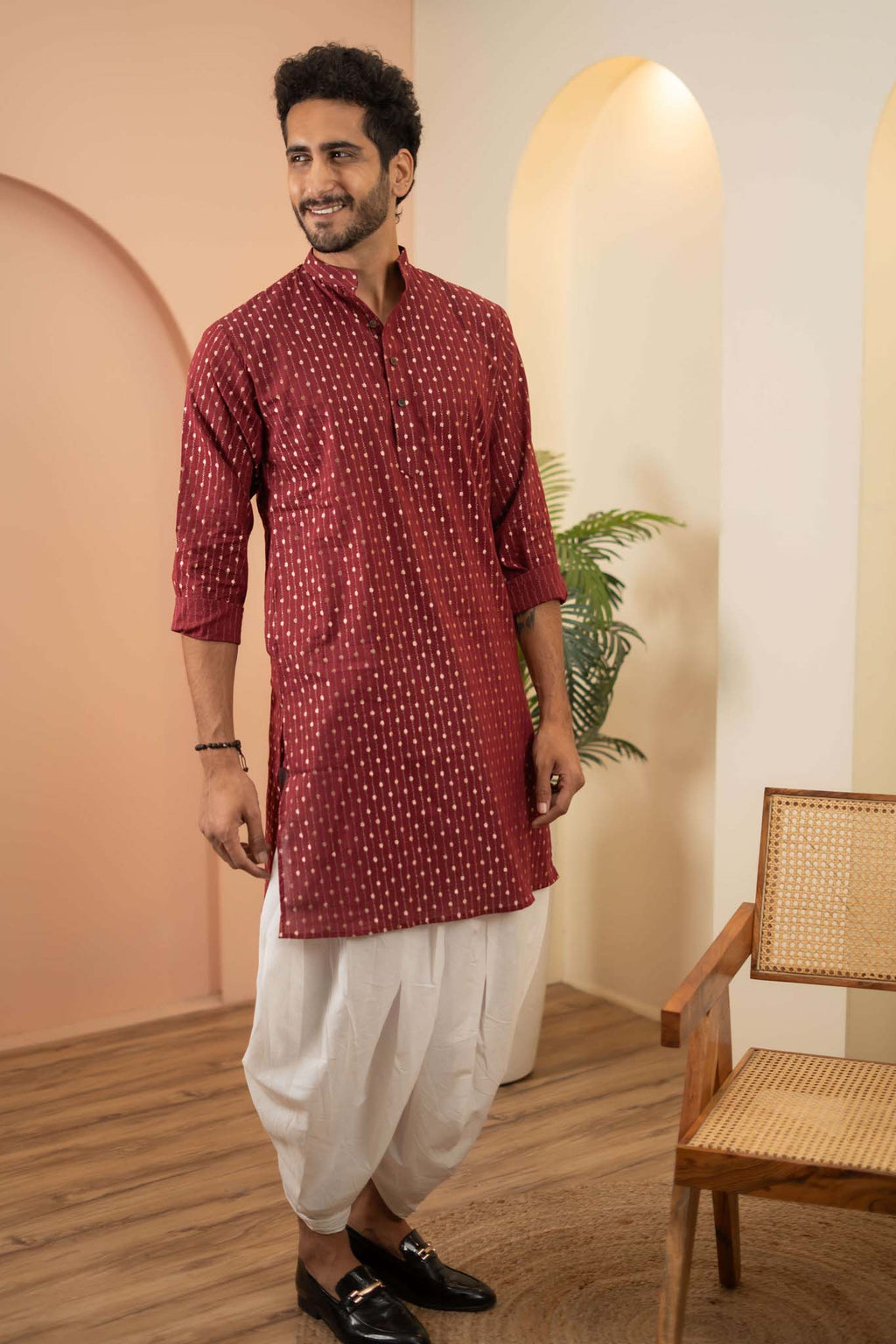 The Berry Red Long Kurta With Golden Stripe Zari Work
