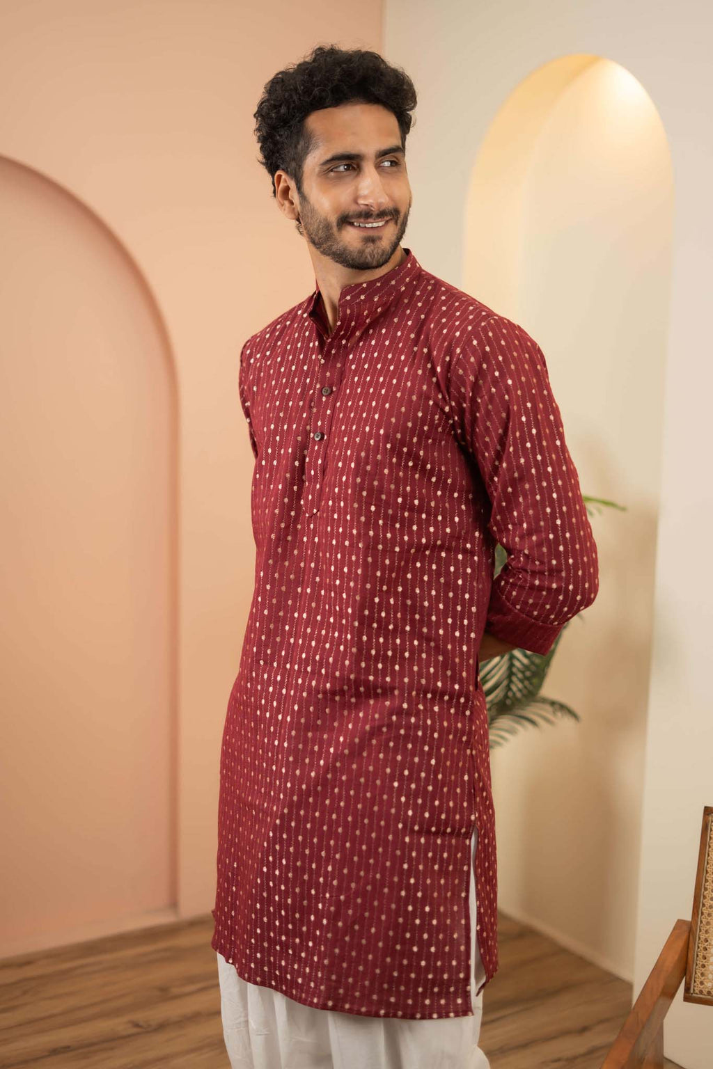 The Berry Red Long Kurta With Golden Stripe Zari Work