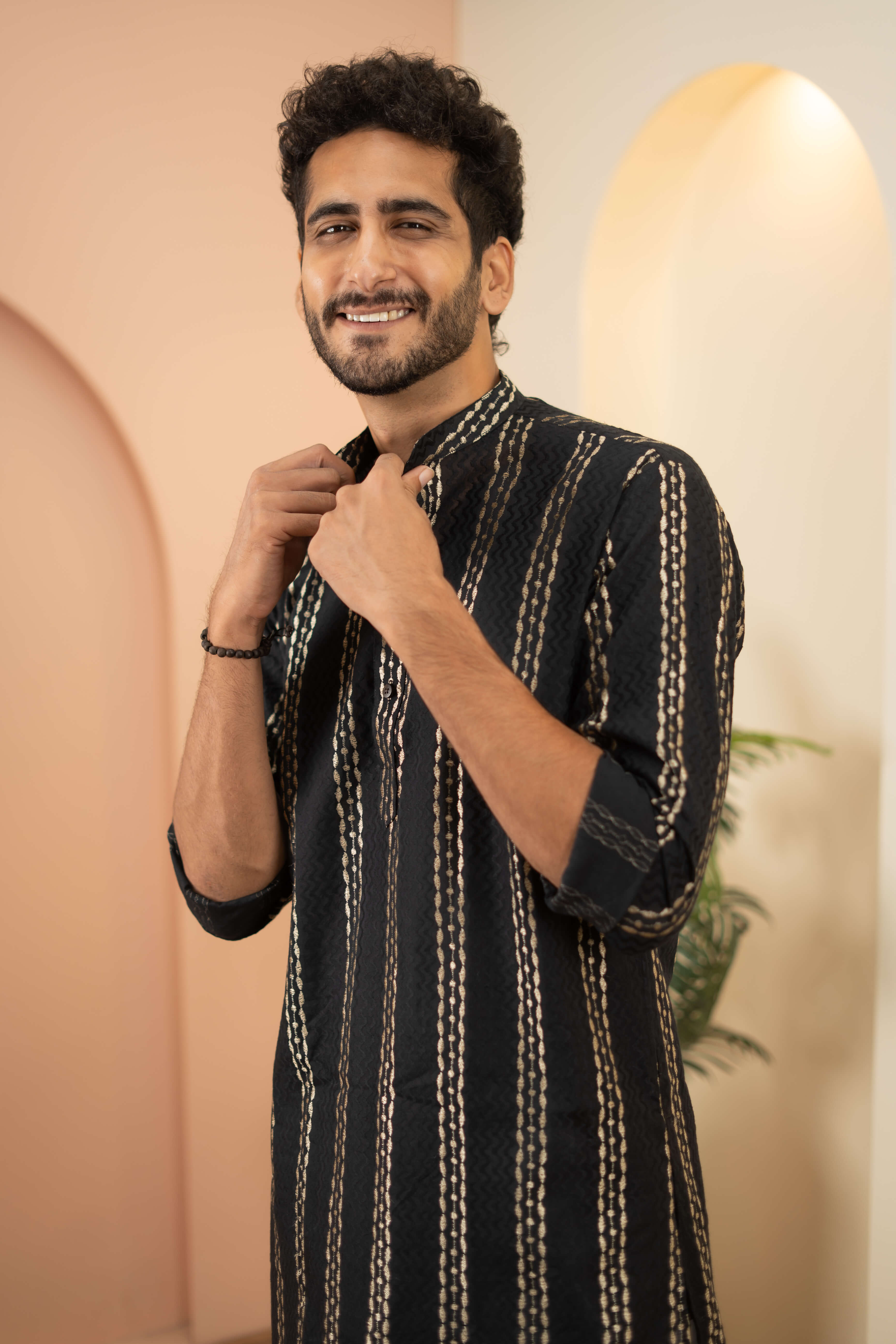 Black Kurta with Golden Stripe Zari Work for Men – Shasak