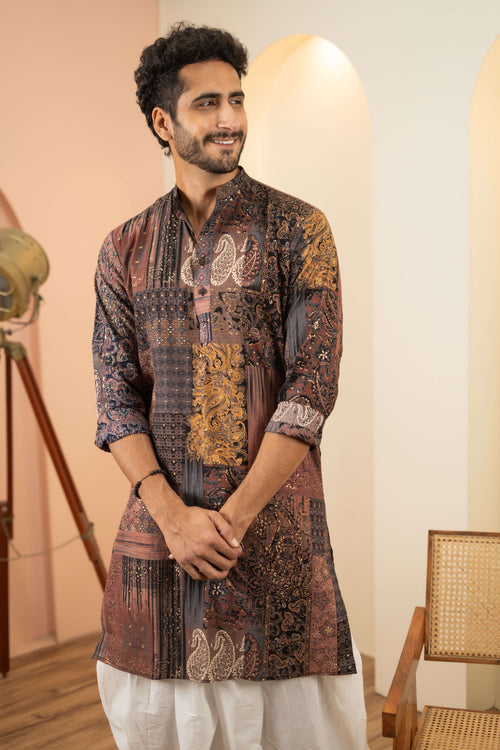 The Black Long Kurta With Floral Patchwork Foil Print