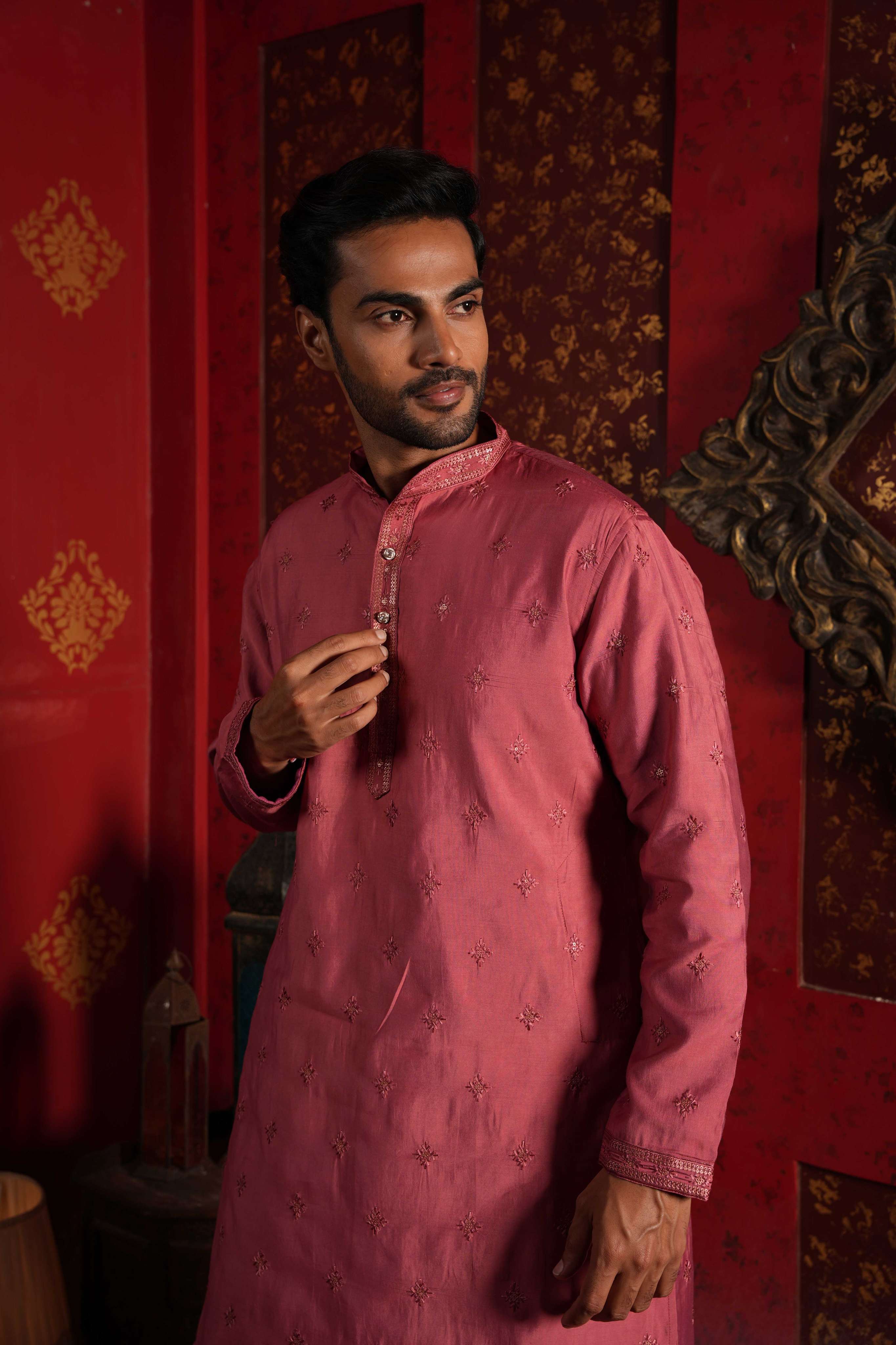 The Dusty Pink Floral Embroidery Long Kurta