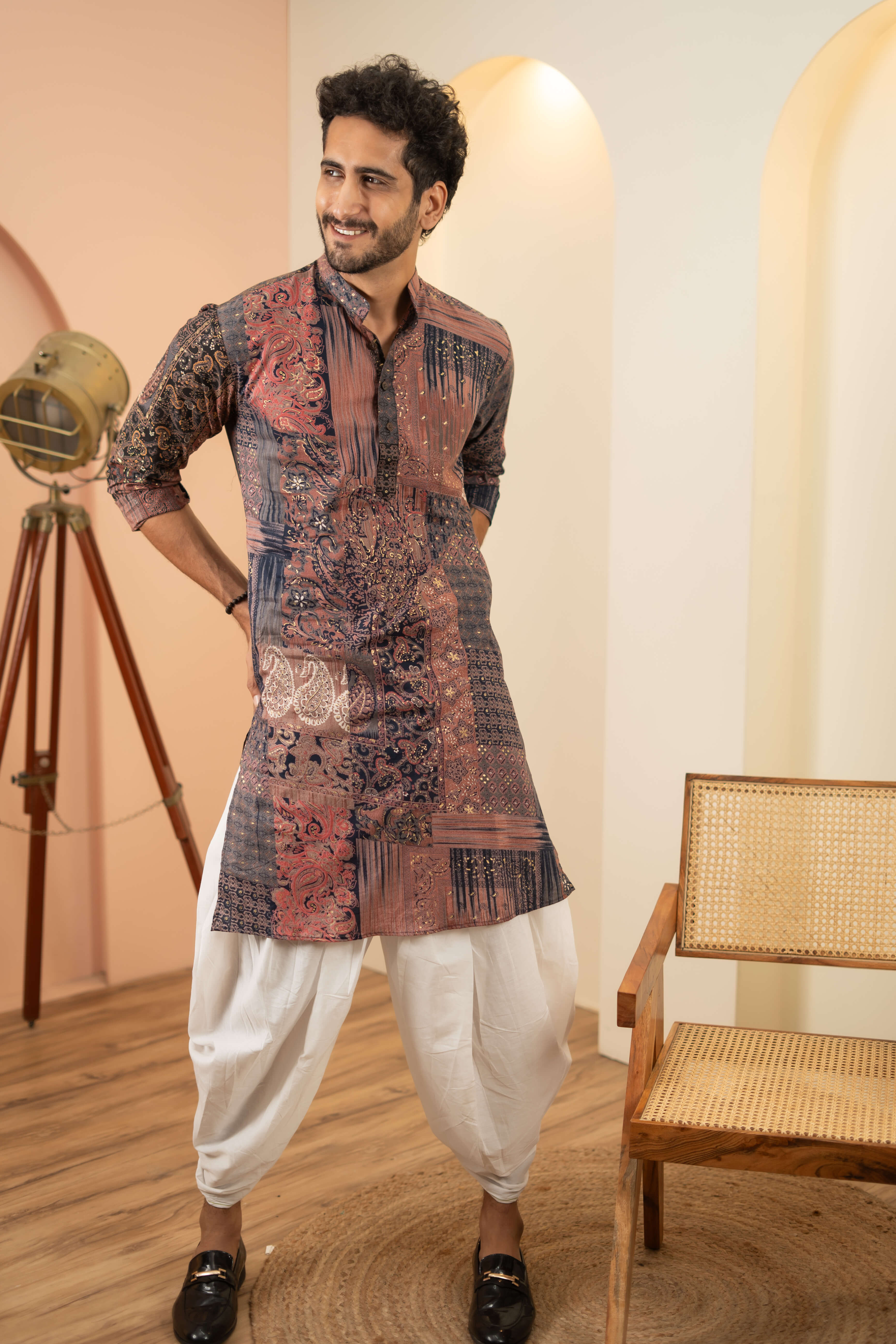 The Navy Blue Long Kurta With Floral Patchwork Foil Print