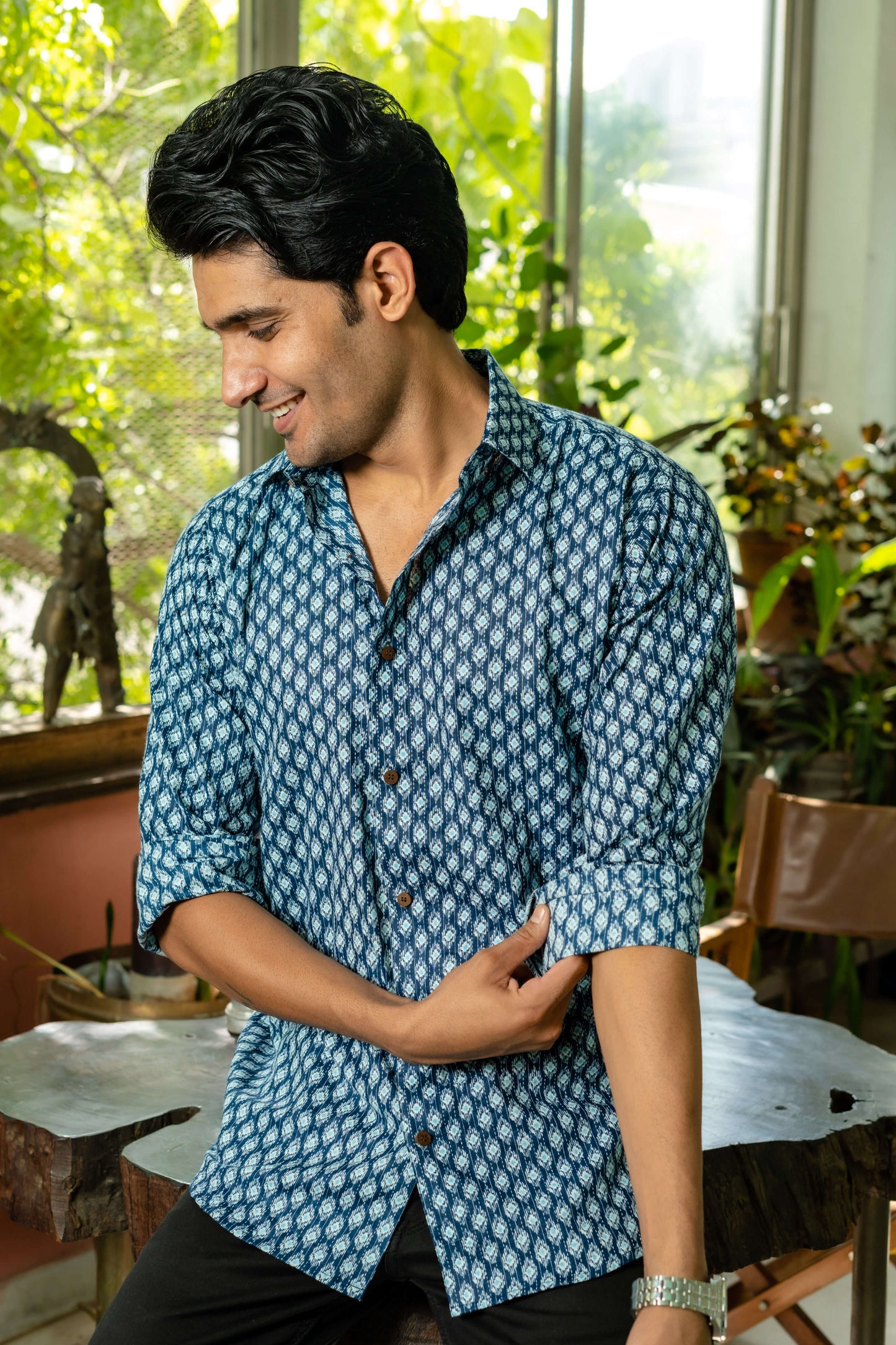 Men Wearing Blue Color Shirt and Folding Sleeves