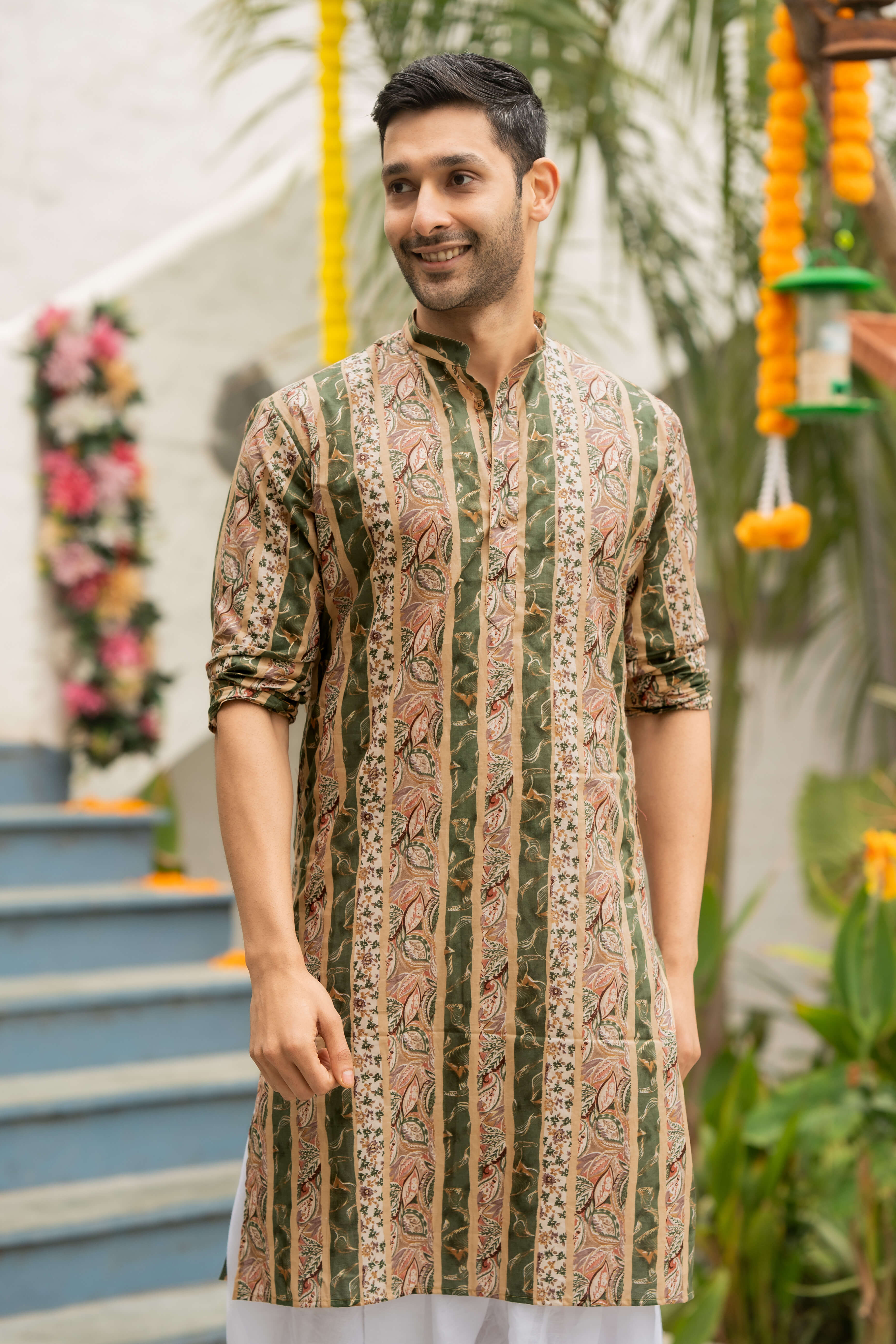 The Multicolor Foil Print Long Kurta with Funky Stripe Print