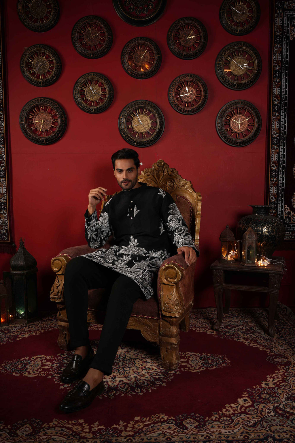 The Black Palm Paradise Embroidery Long Kurta