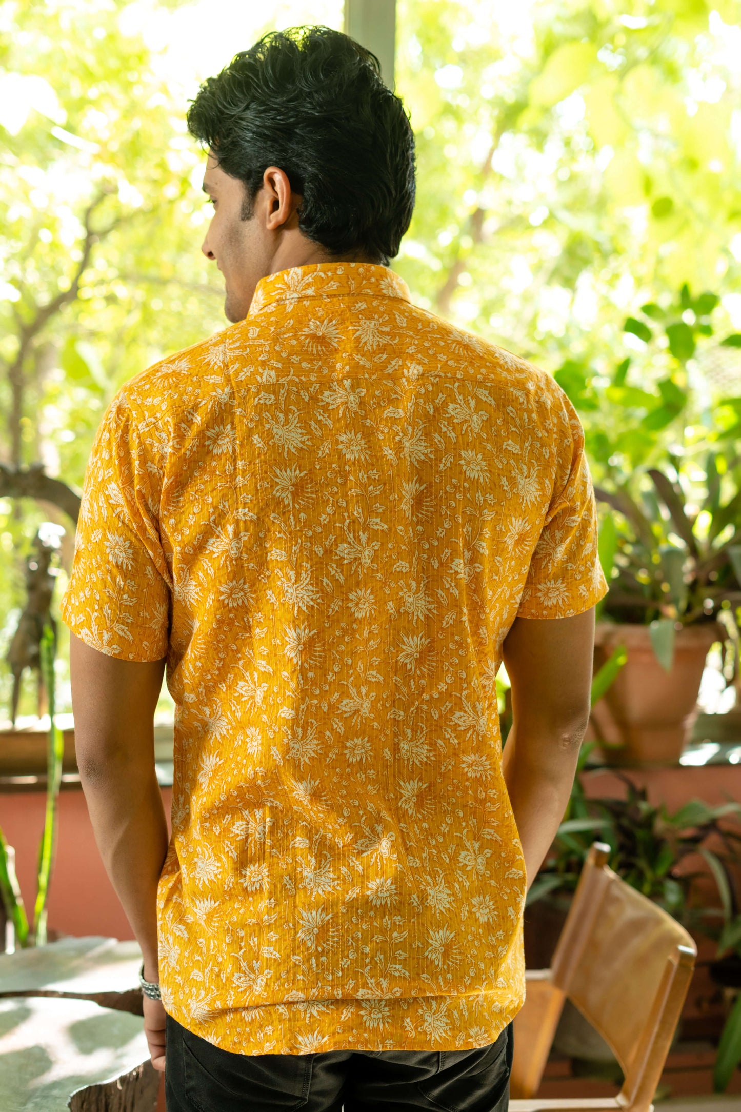 The Yellow Kantha Work Half Sleeves Shirt With All-Over Floral Print