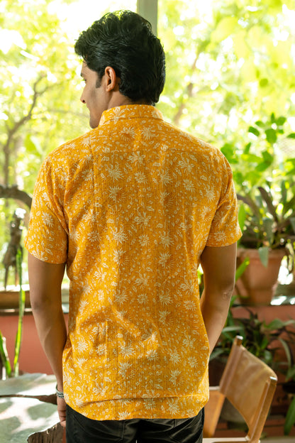The Yellow Kantha Work Half Sleeves Shirt With All-Over Floral Print