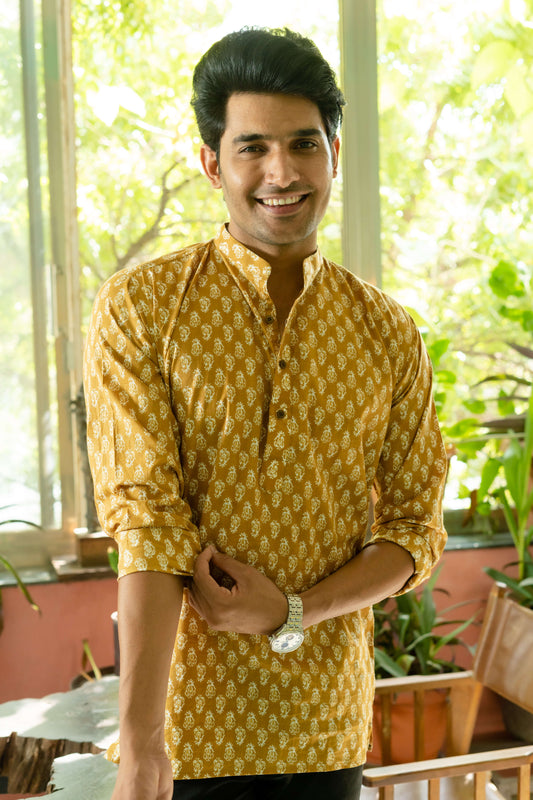 The Mustard Color Short Kurta With White Butti Print