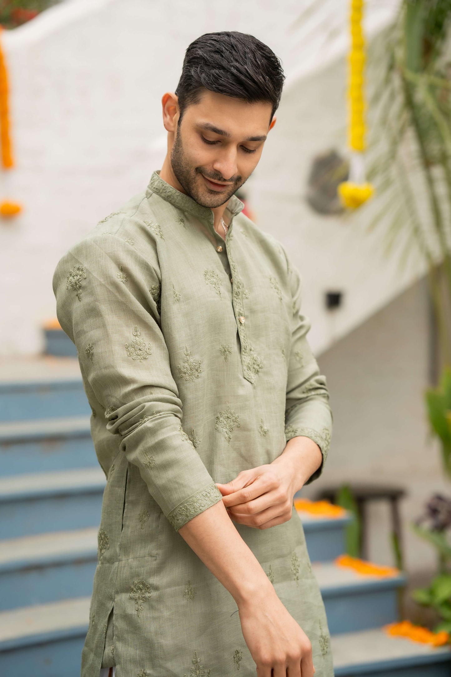 The Sage Green Long Kurta With Floral Embroidery Work