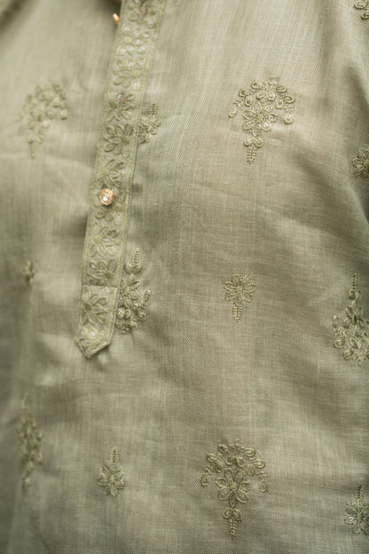 sage green long kurta with embroidery work