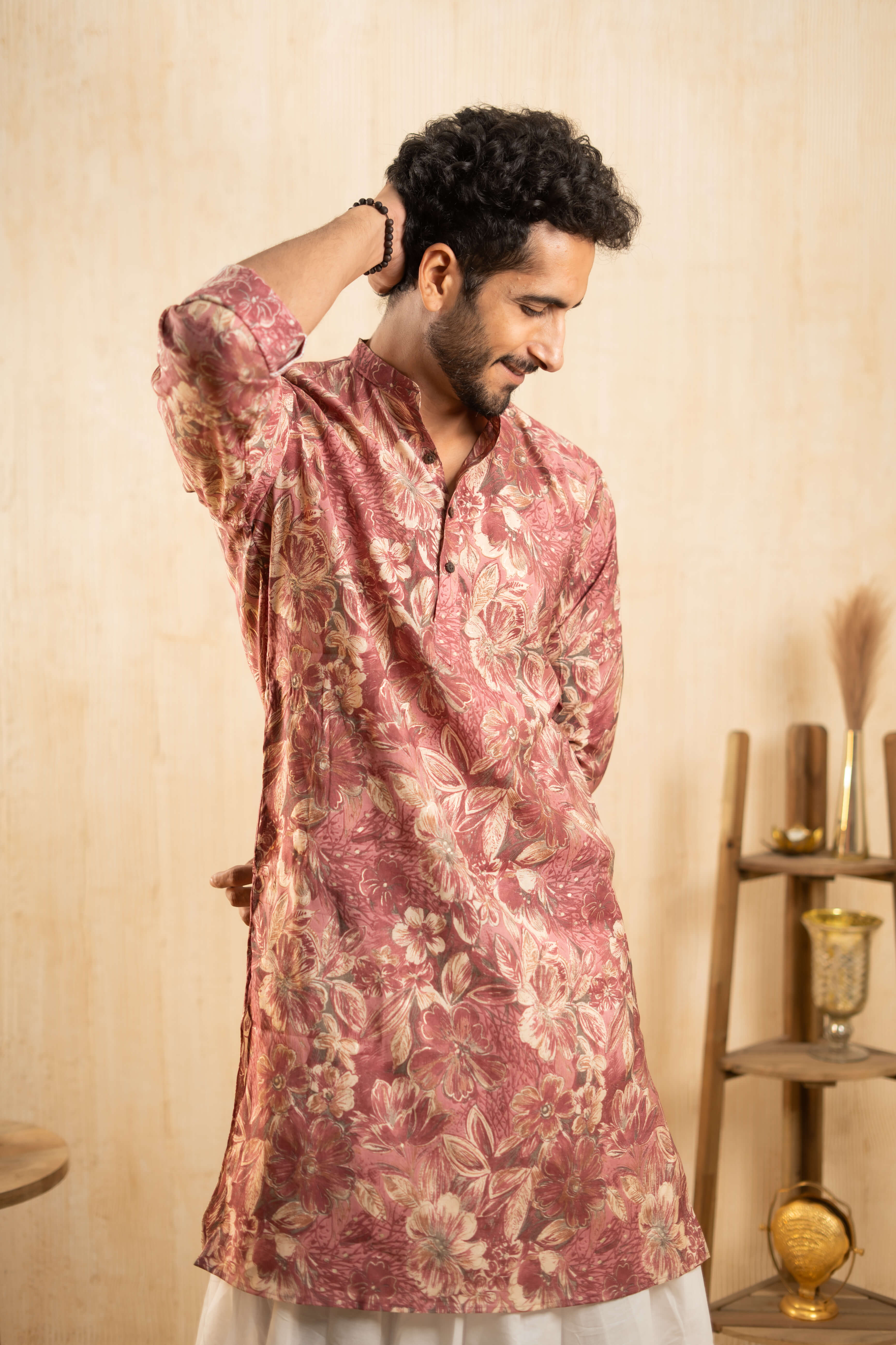 The Flamingo Pink Foil Print Long Kurta With All-Over Floral Print