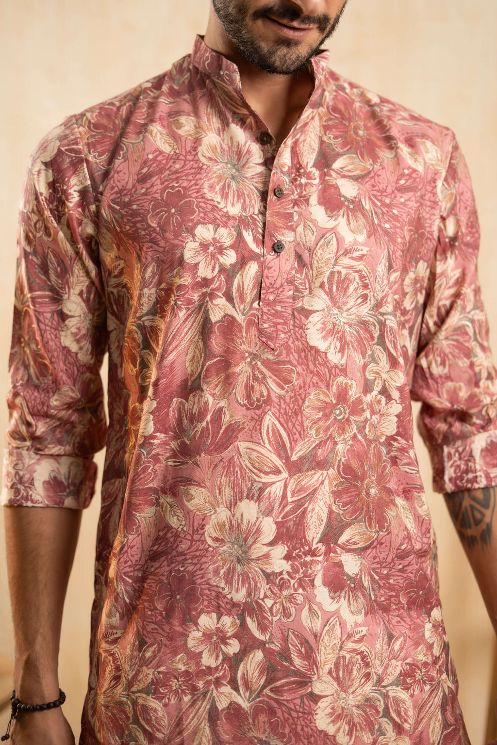 The Flamingo Pink Foil Print Long Kurta With All-Over Floral Print