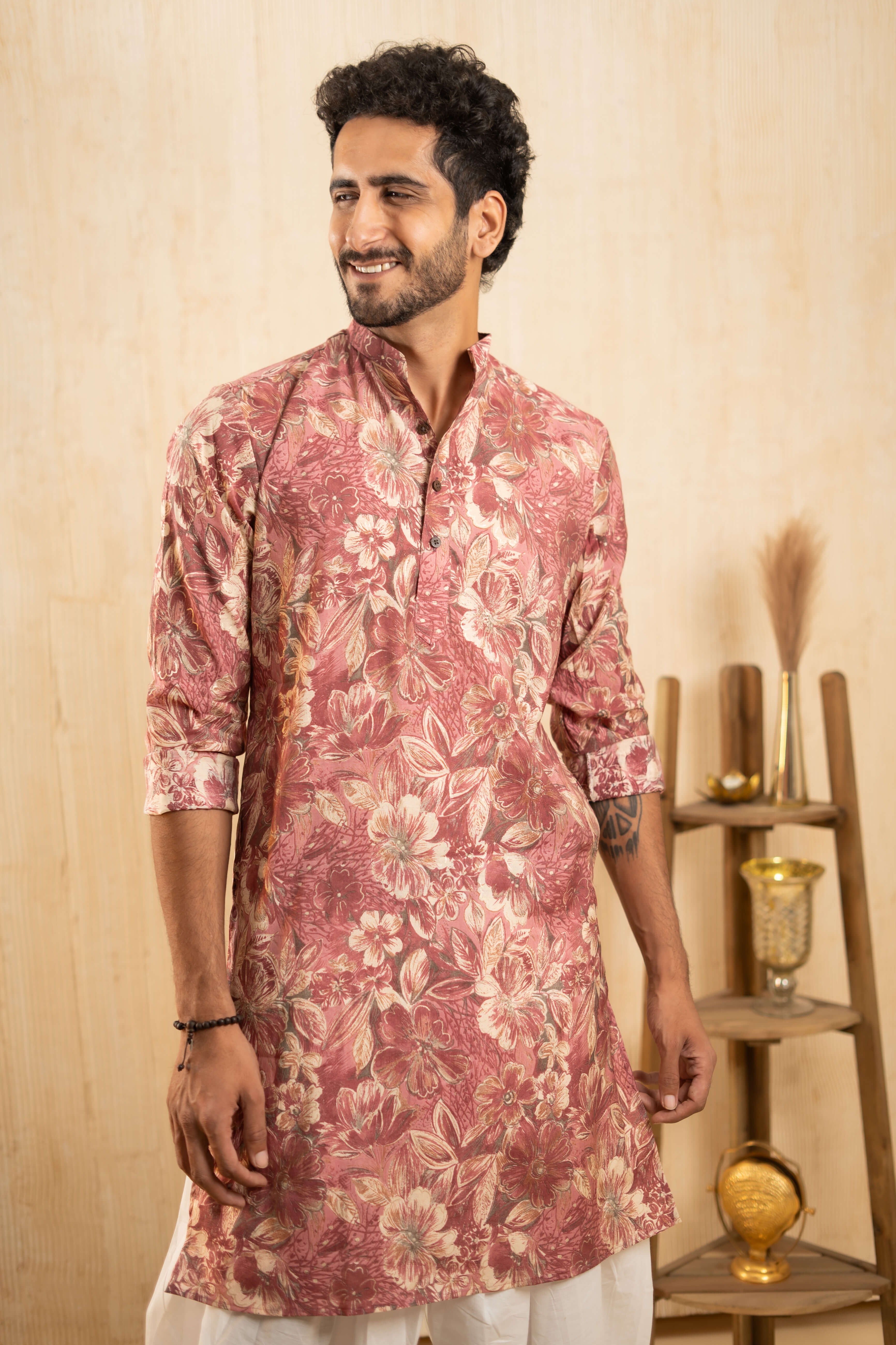 The Flamingo Pink Foil Print Long Kurta With All-Over Floral Print
