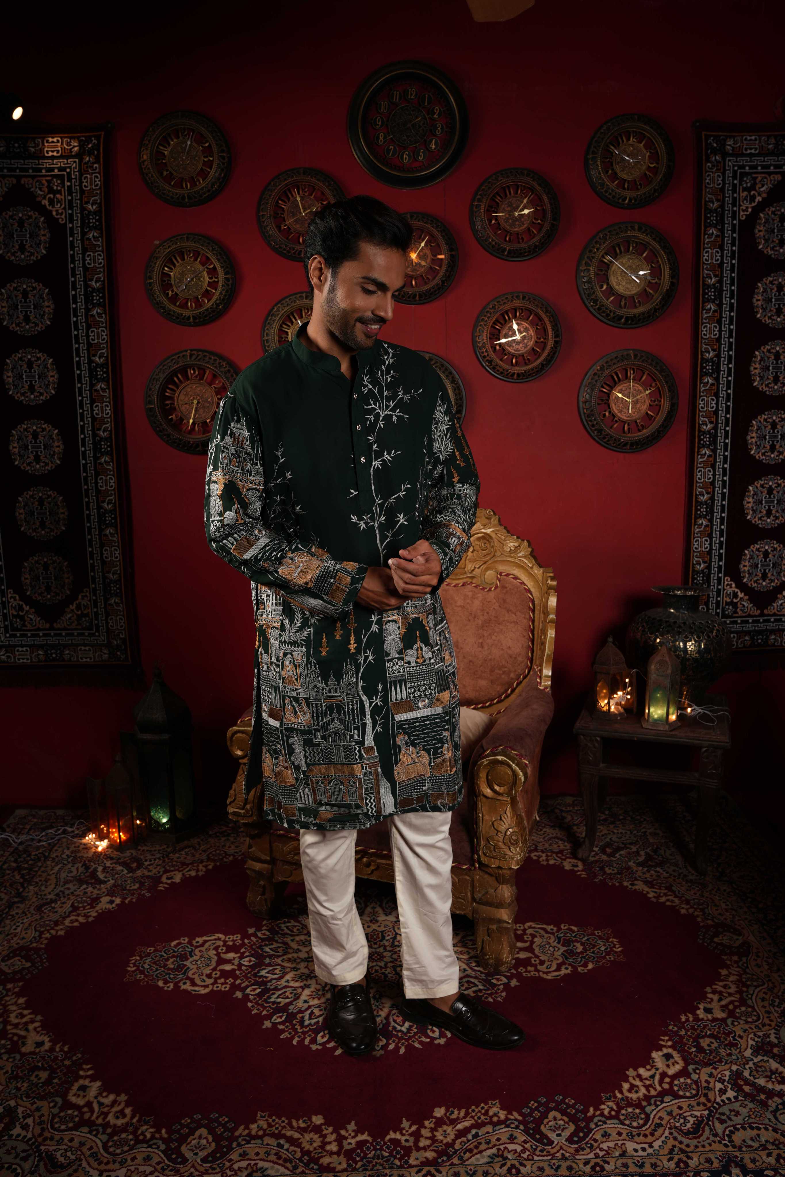 The Traditional Golden Motif Long Kurta