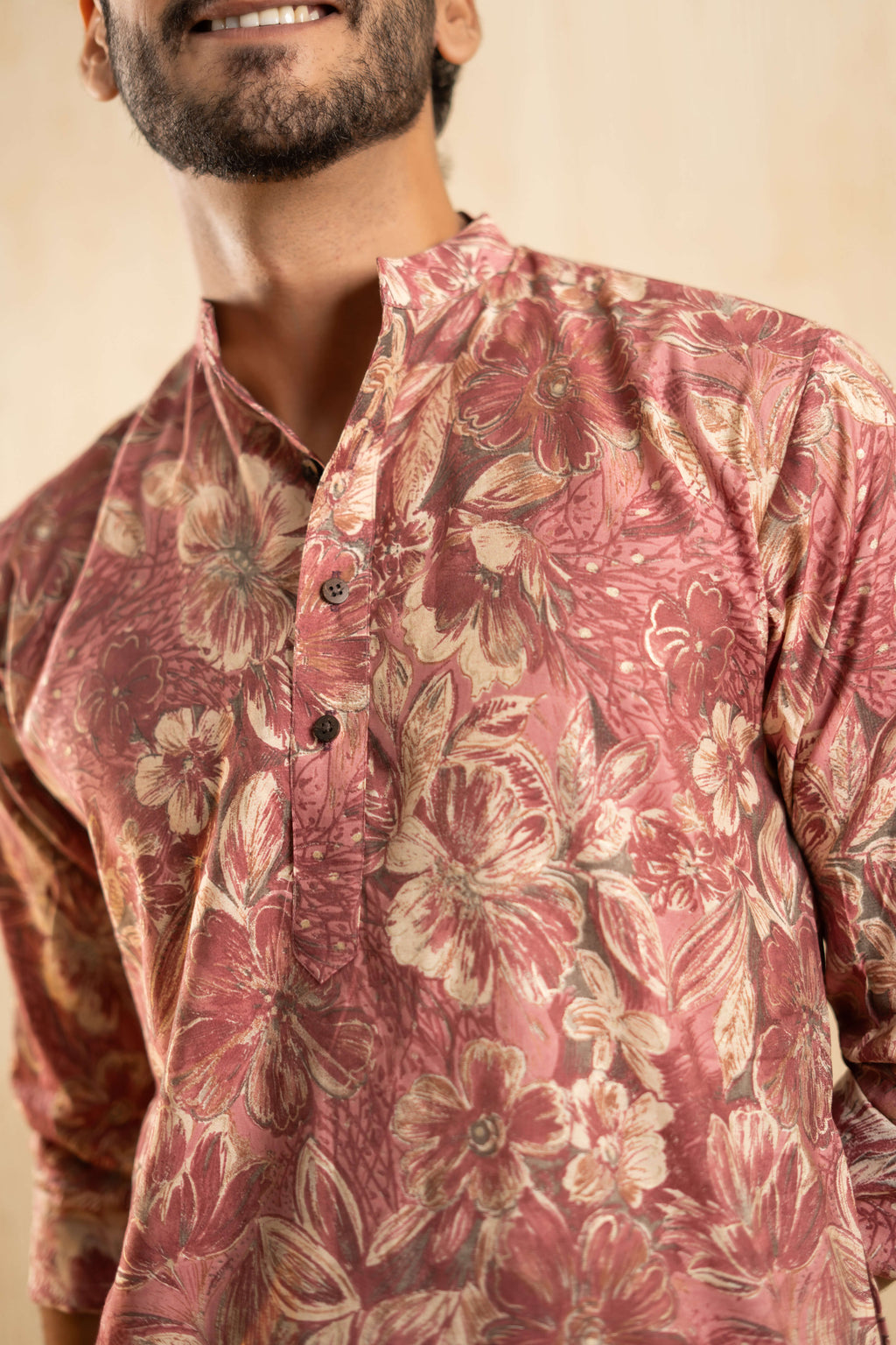 The Flamingo Pink Foil Print Long Kurta With All-Over Floral Print