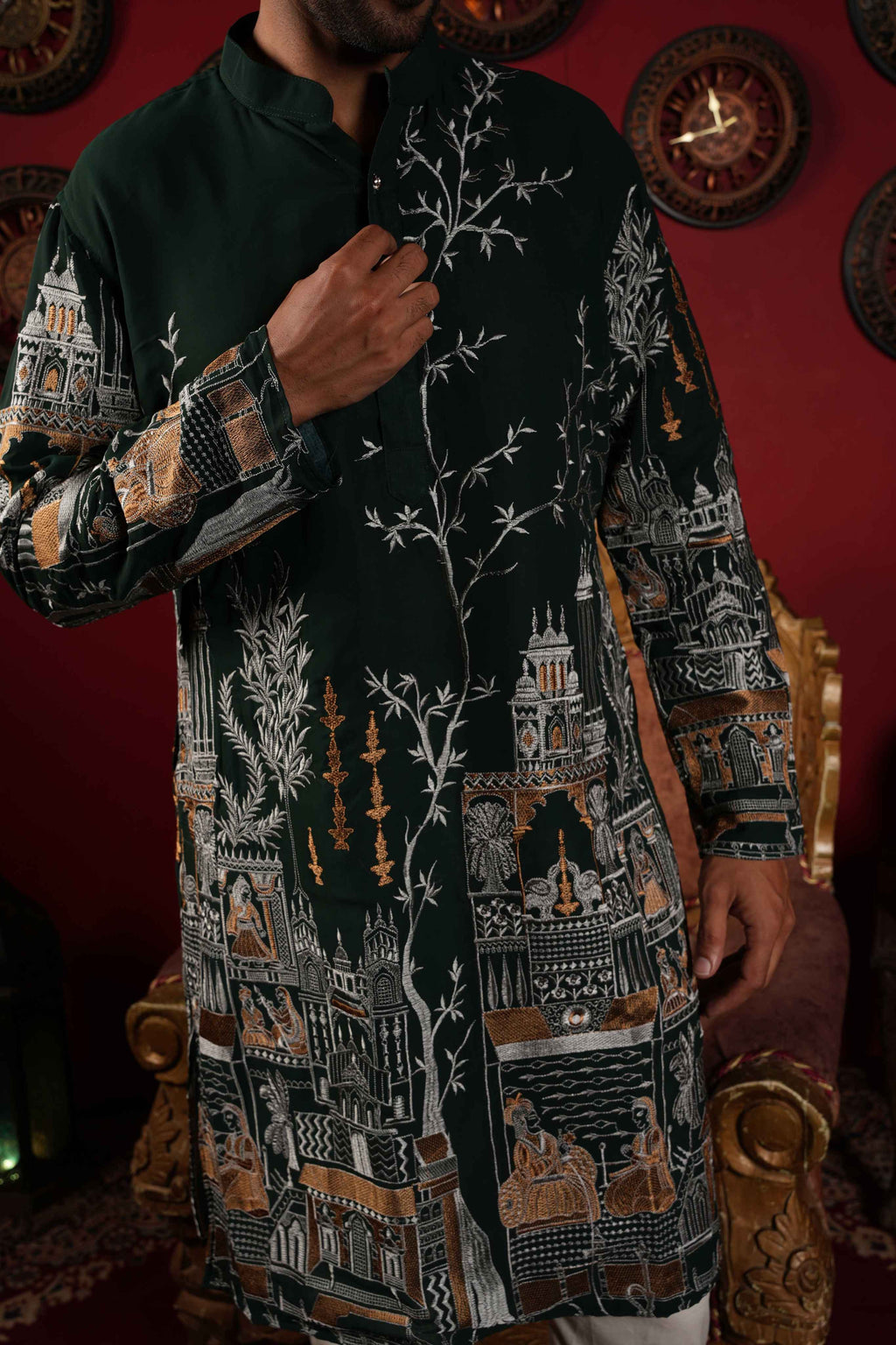 The Traditional Golden Motif Long Kurta