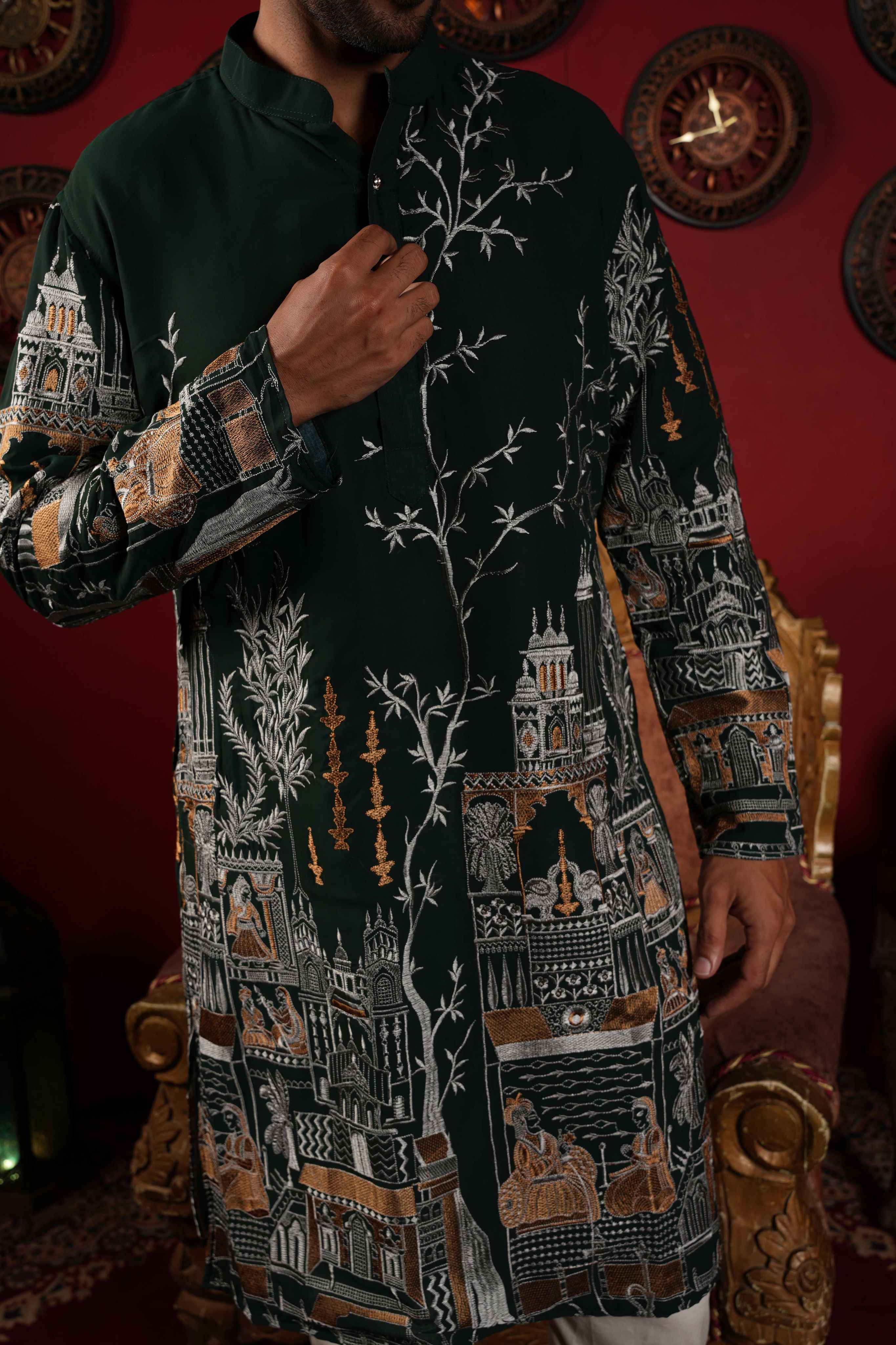 The Traditional Golden Motif Long Kurta