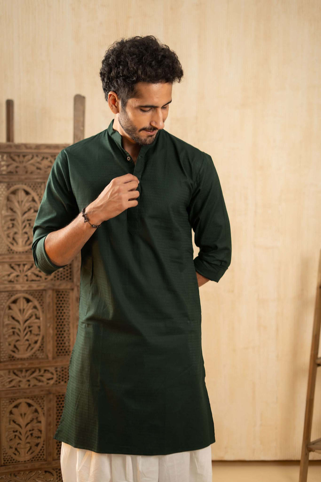 The Forest Green Long Kurta With Textured Self Work
