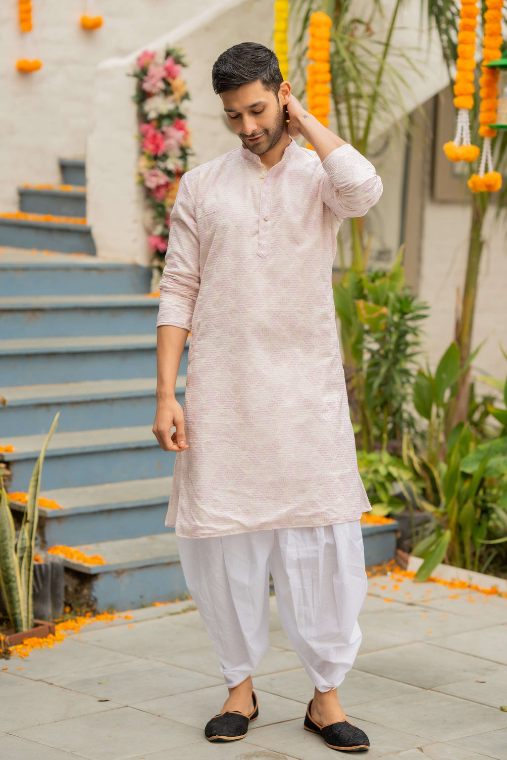 The Off White Long Kurta with Pink and Oyster Thread and Sequins Work