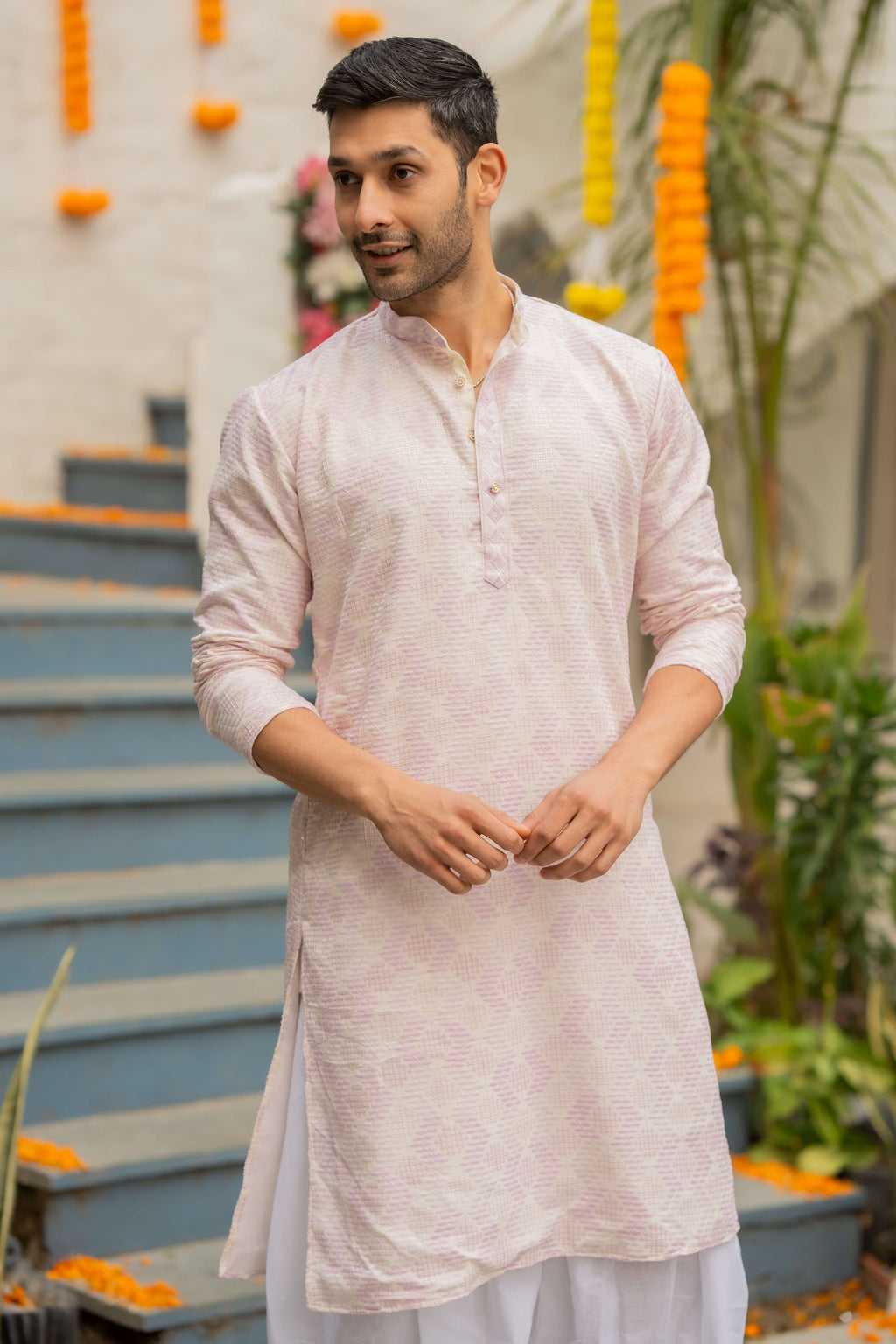 The Off White Long Kurta with Pink and Oyster Thread and Sequins Work