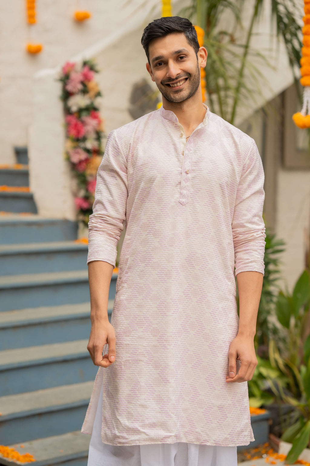 The Off White Long Kurta with Pink and Oyster Thread and Sequins Work