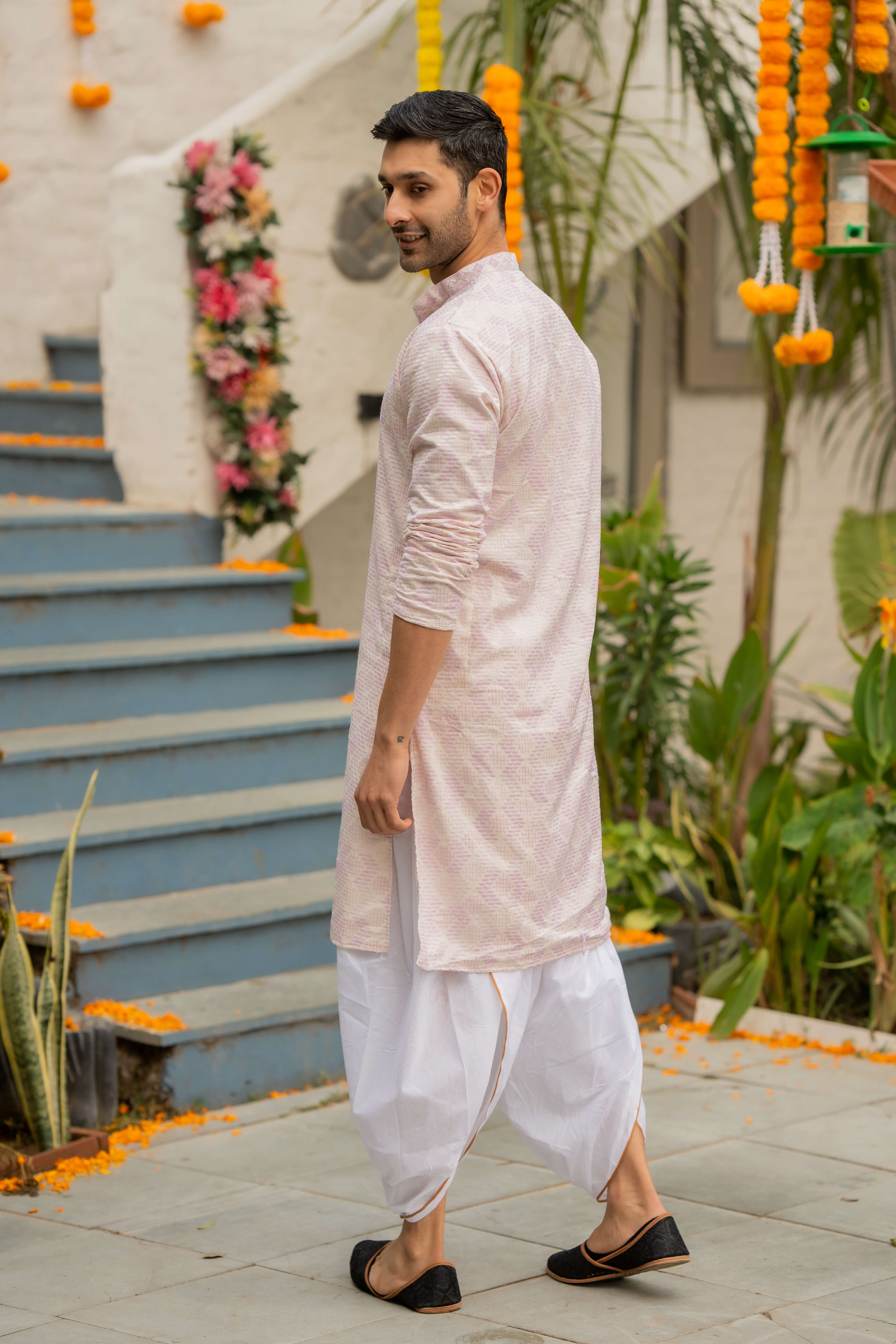 The Off White Long Kurta with Pink and Oyster Thread and Sequins Work