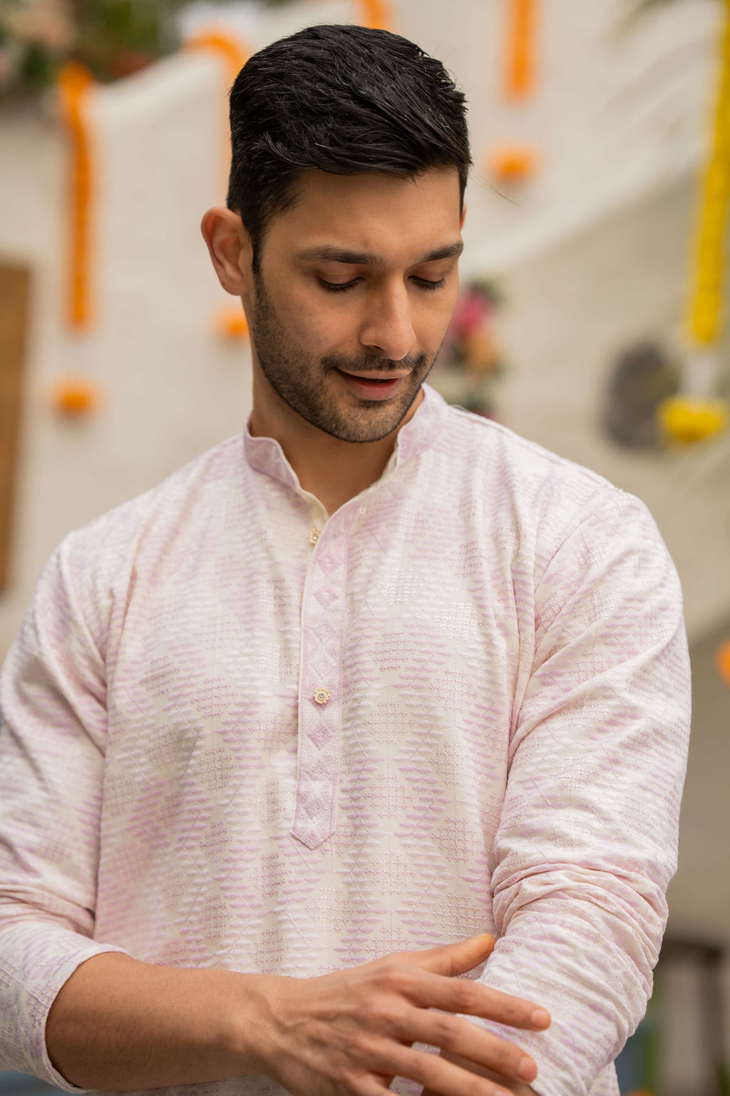 The Off White Long Kurta with Pink and Oyster Thread and Sequins Work