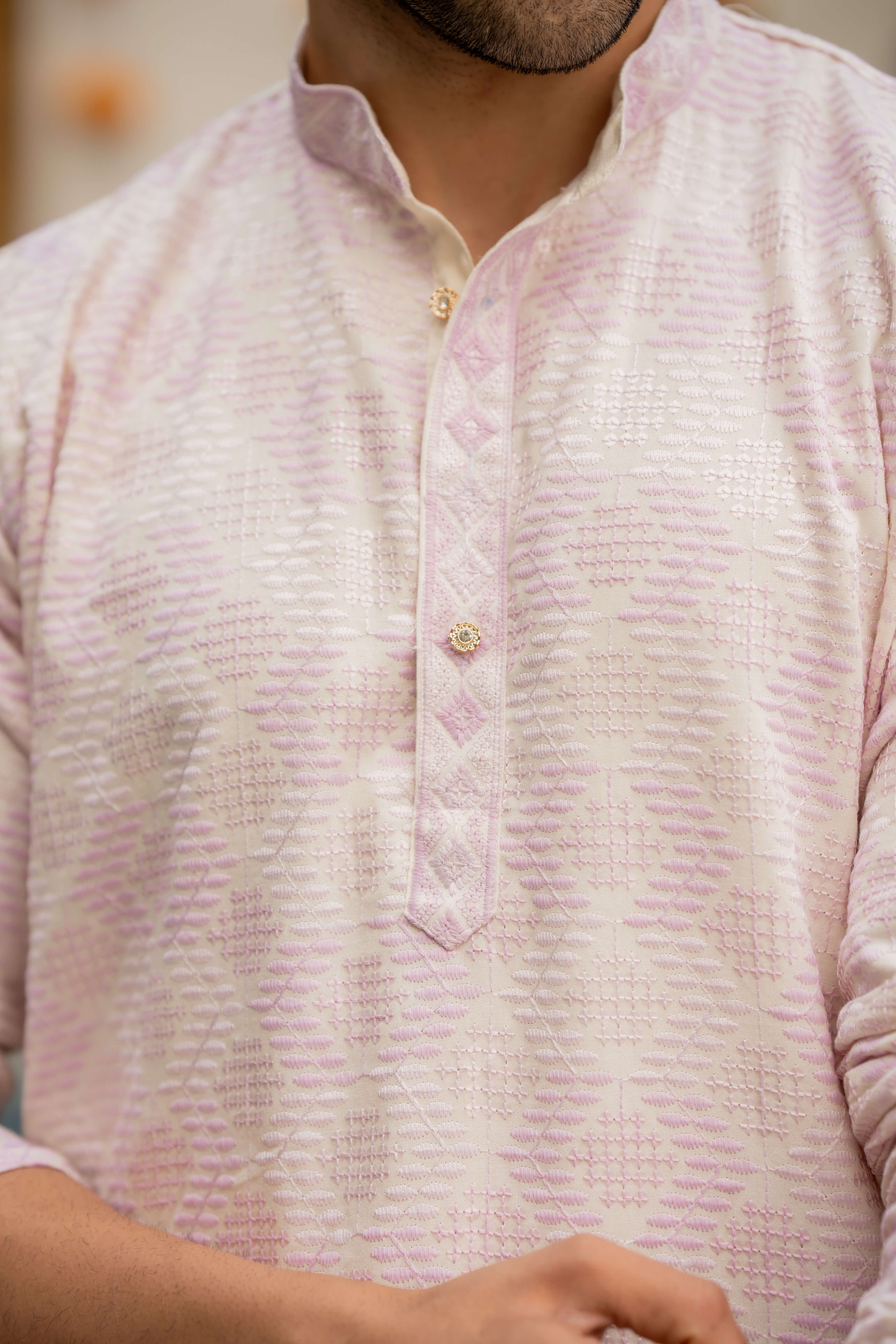 The Off White Long Kurta with Pink and Oyster Thread and Sequins Work