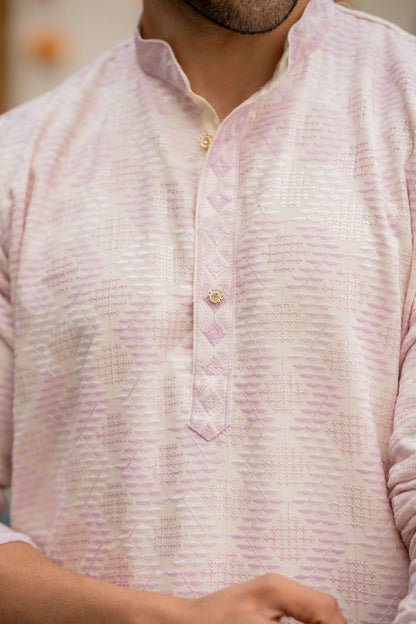 The Off White Long Kurta with Pink and Oyster Thread and Sequins Work