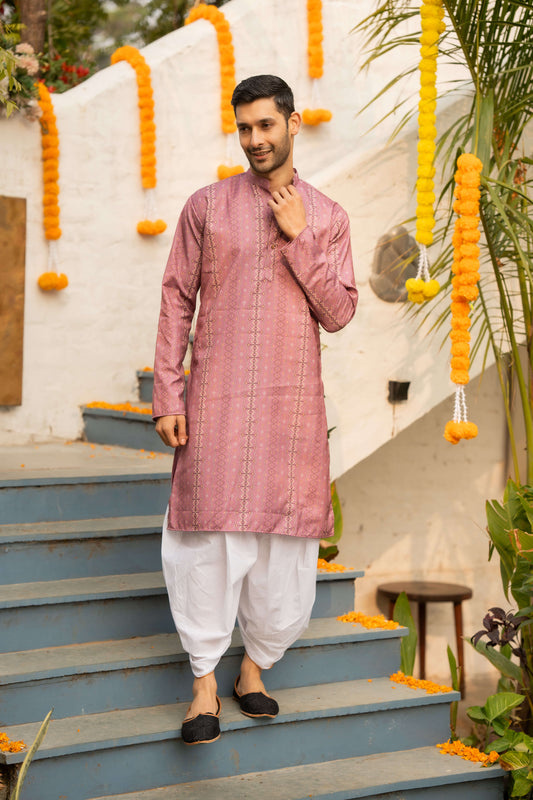 pink long kurta for men with tribal print