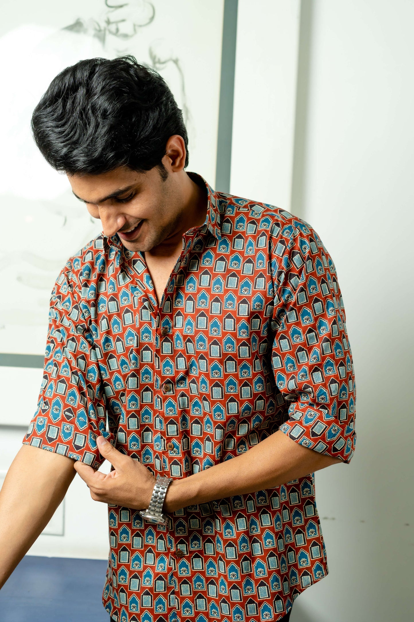 The Brick Color Shirt With Ethnic Tribal Print