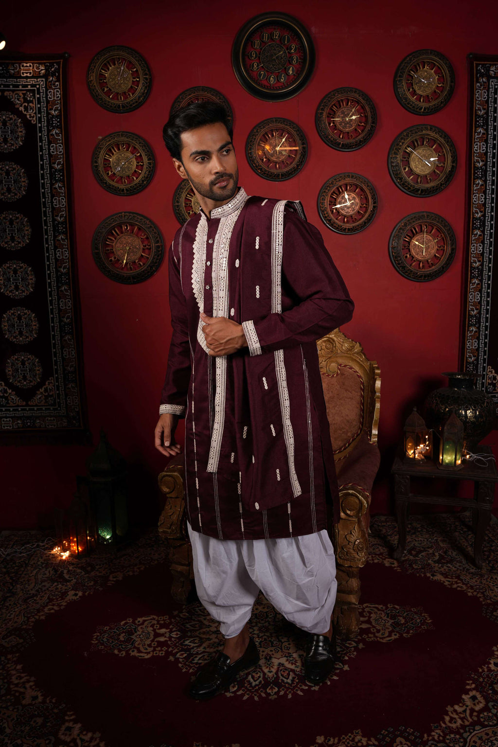 The Stylish Maroon Neck Work Long Kurta