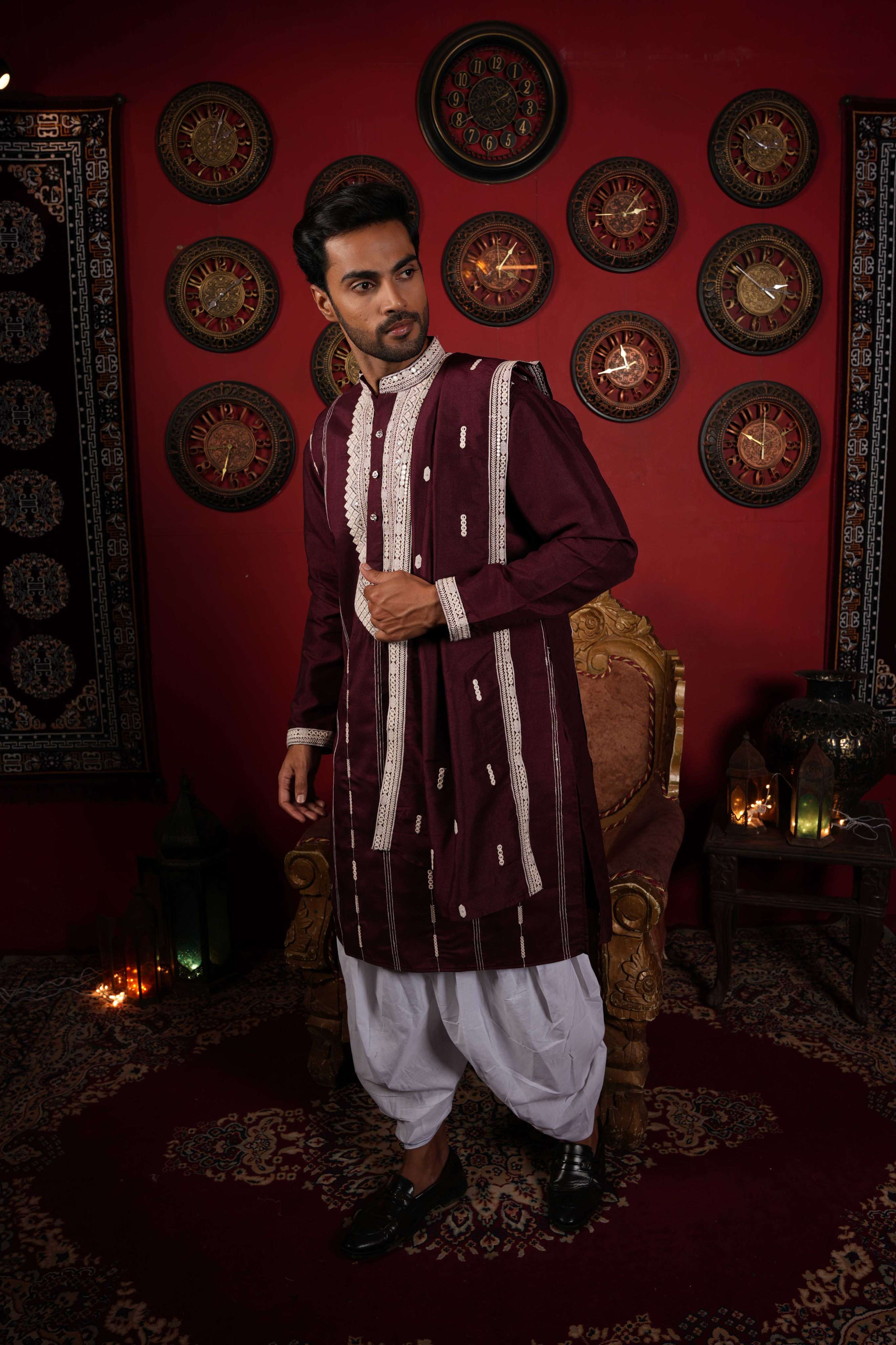 The Stylish Maroon Neck Work Long Kurta