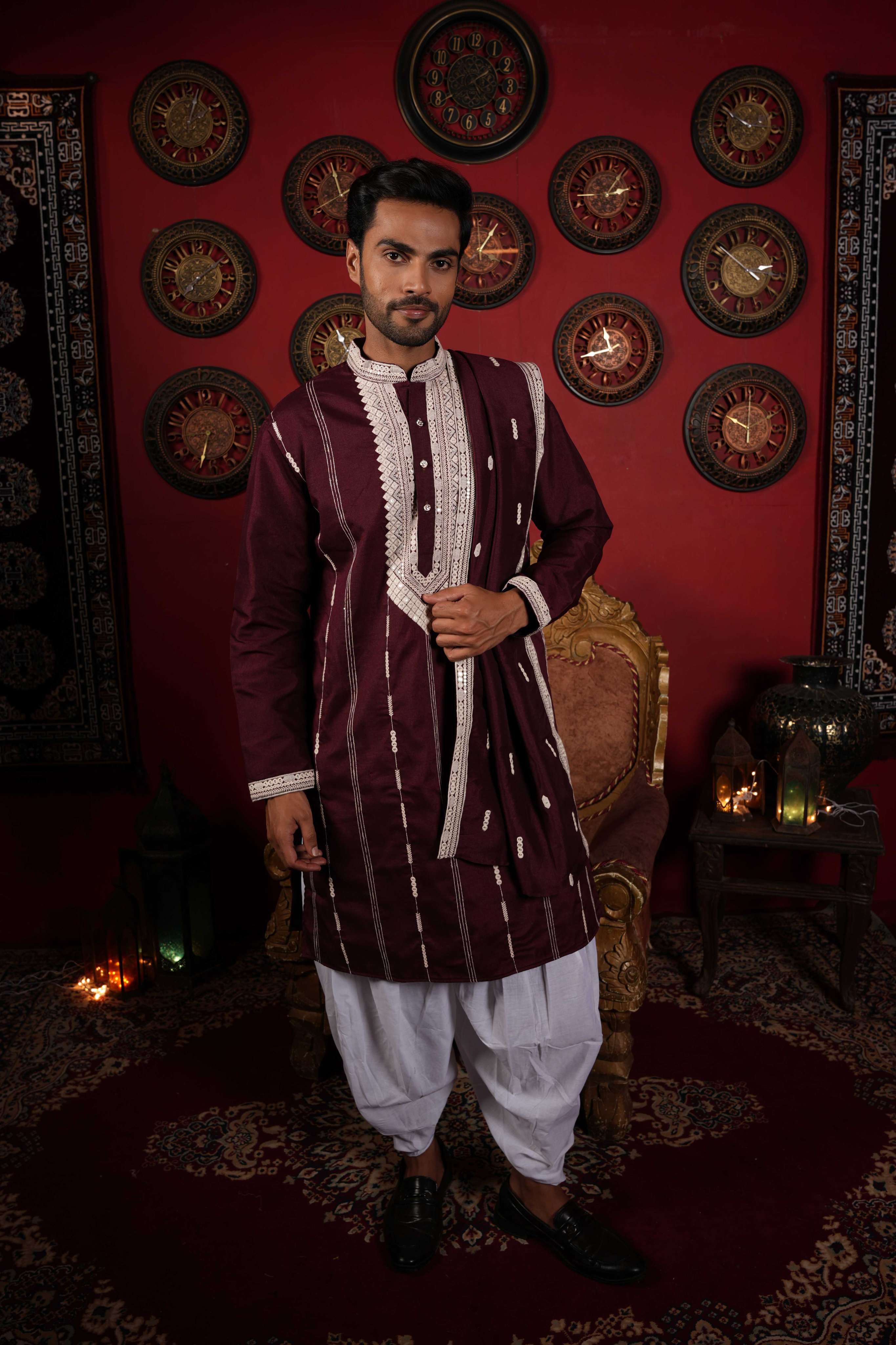 The Stylish Maroon Neck Work Long Kurta