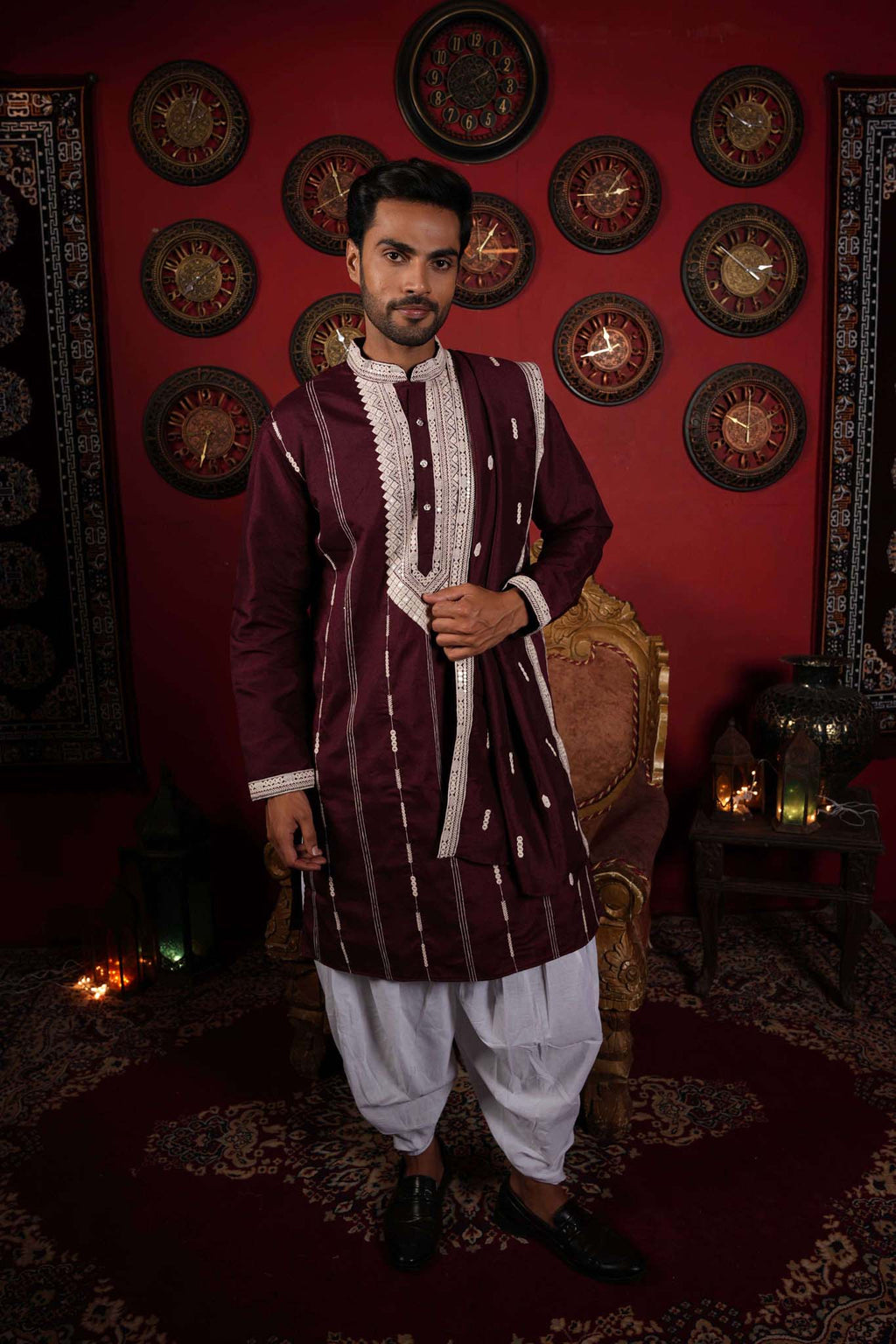 The Stylish Maroon Neck Work Long Kurta