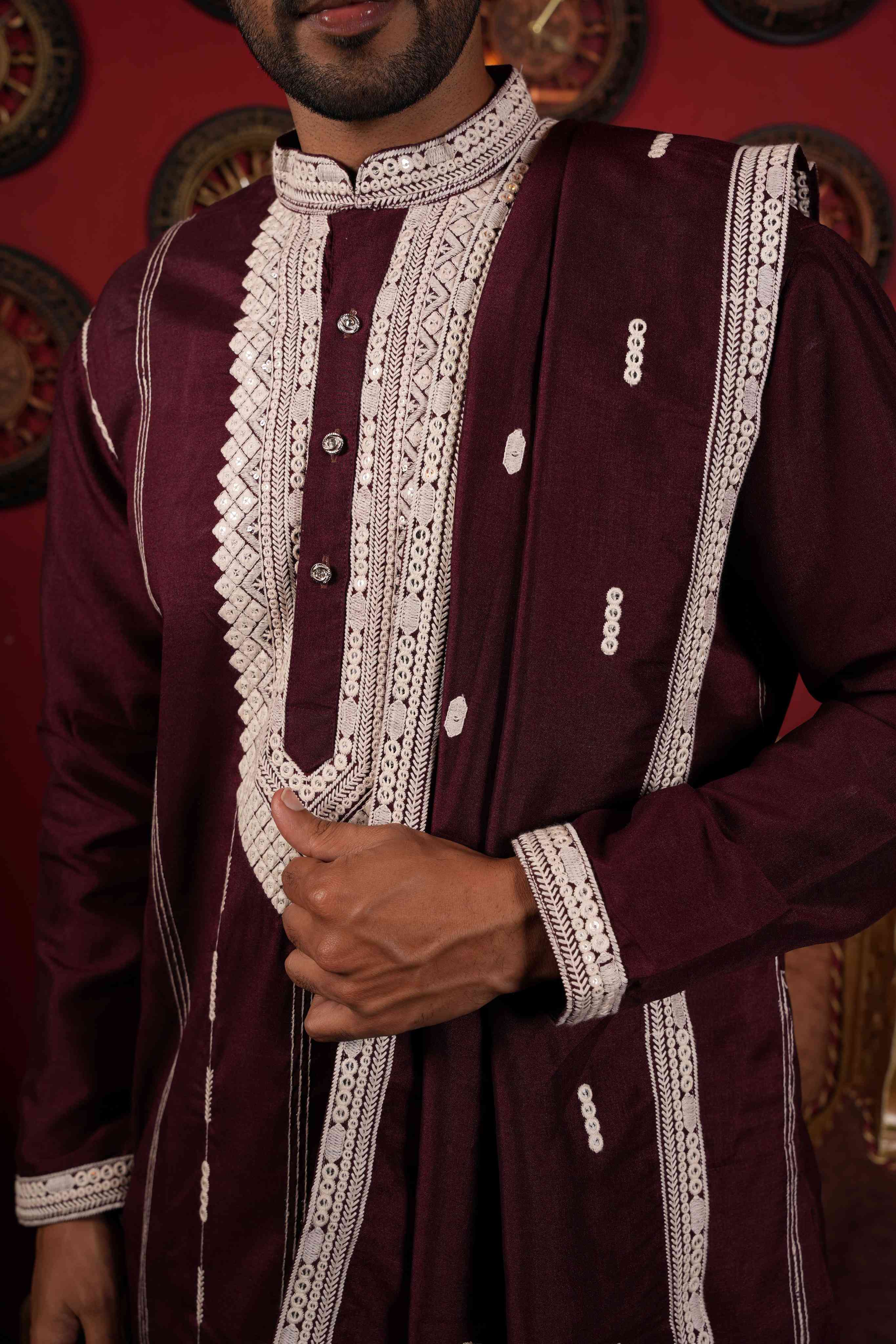 The Stylish Maroon Neck Work Long Kurta