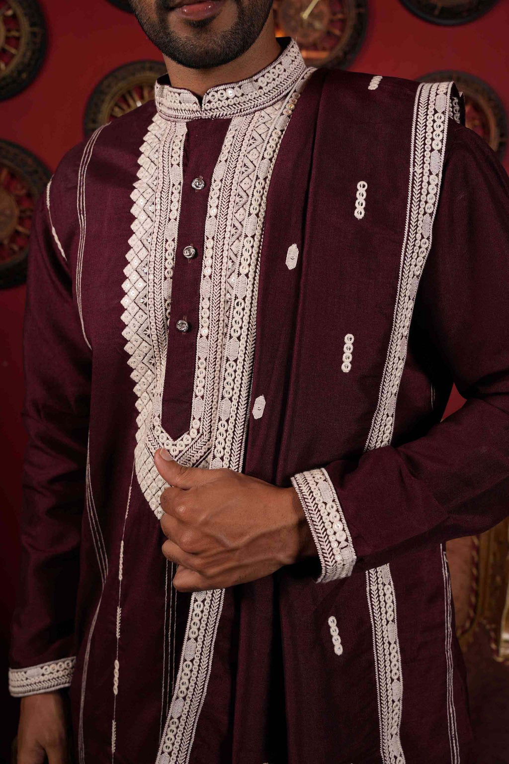 The Stylish Maroon Neck Work Long Kurta