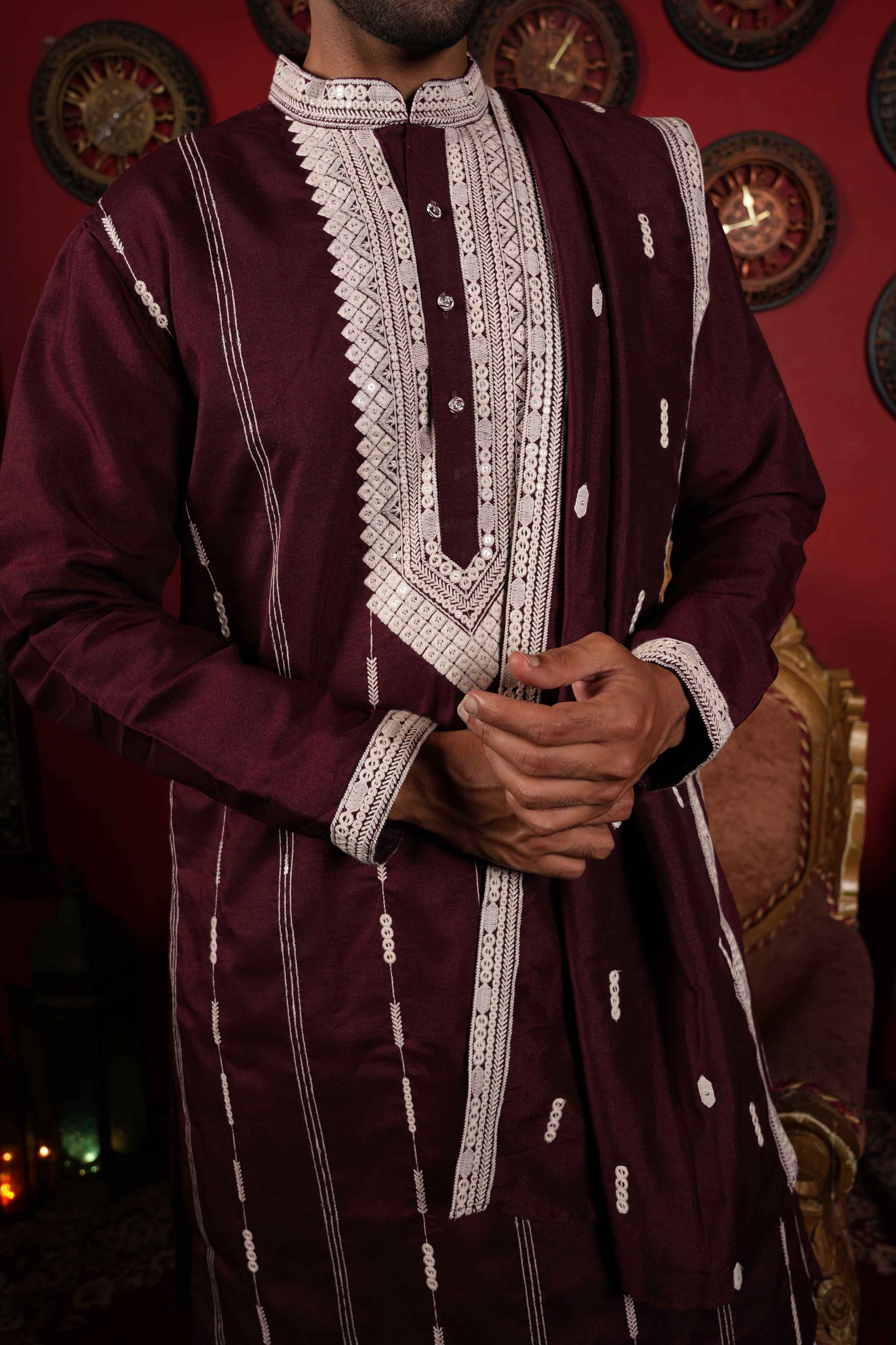 The Stylish Maroon Neck Work Long Kurta