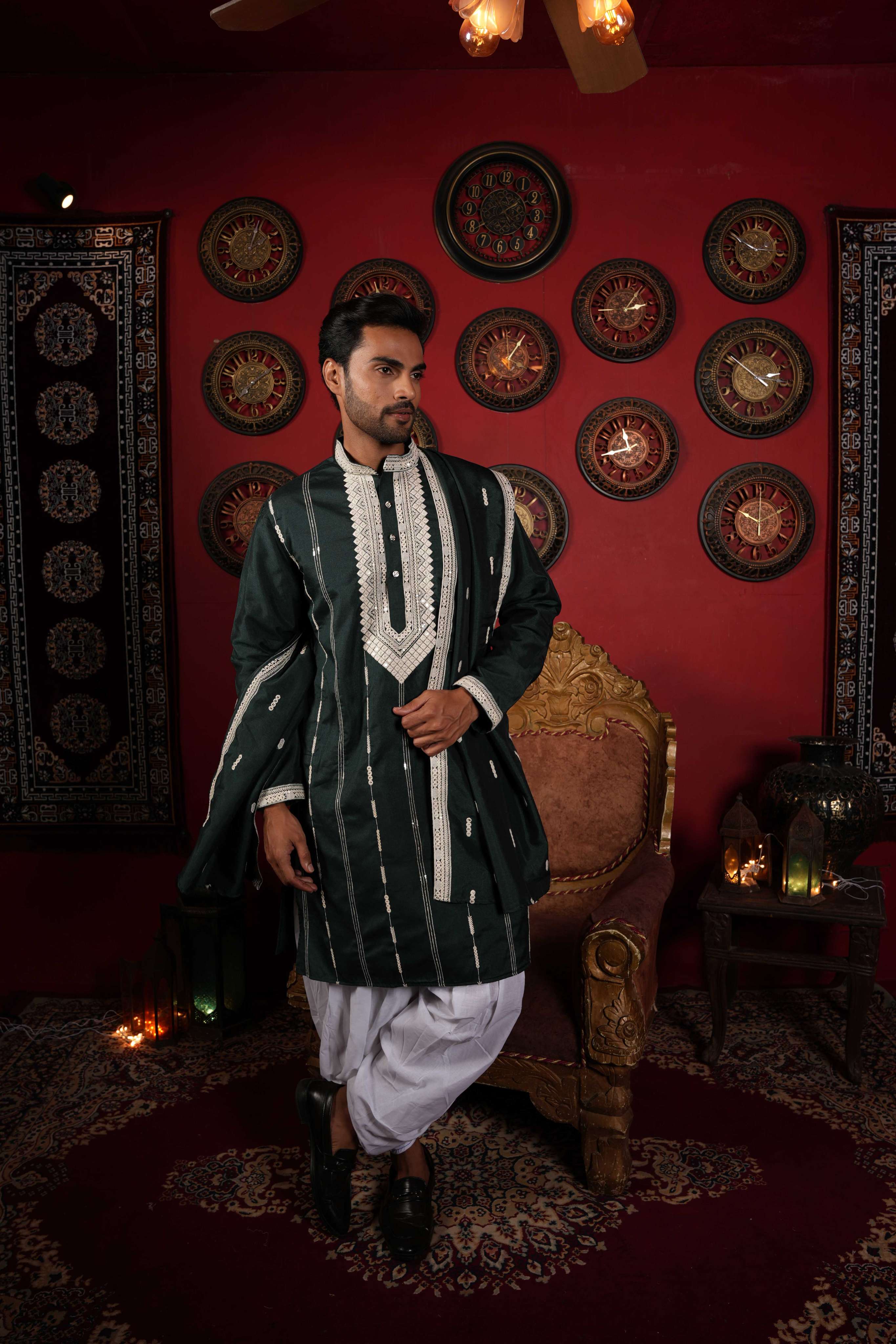 The Green Neck Embroidery Long Kurta
