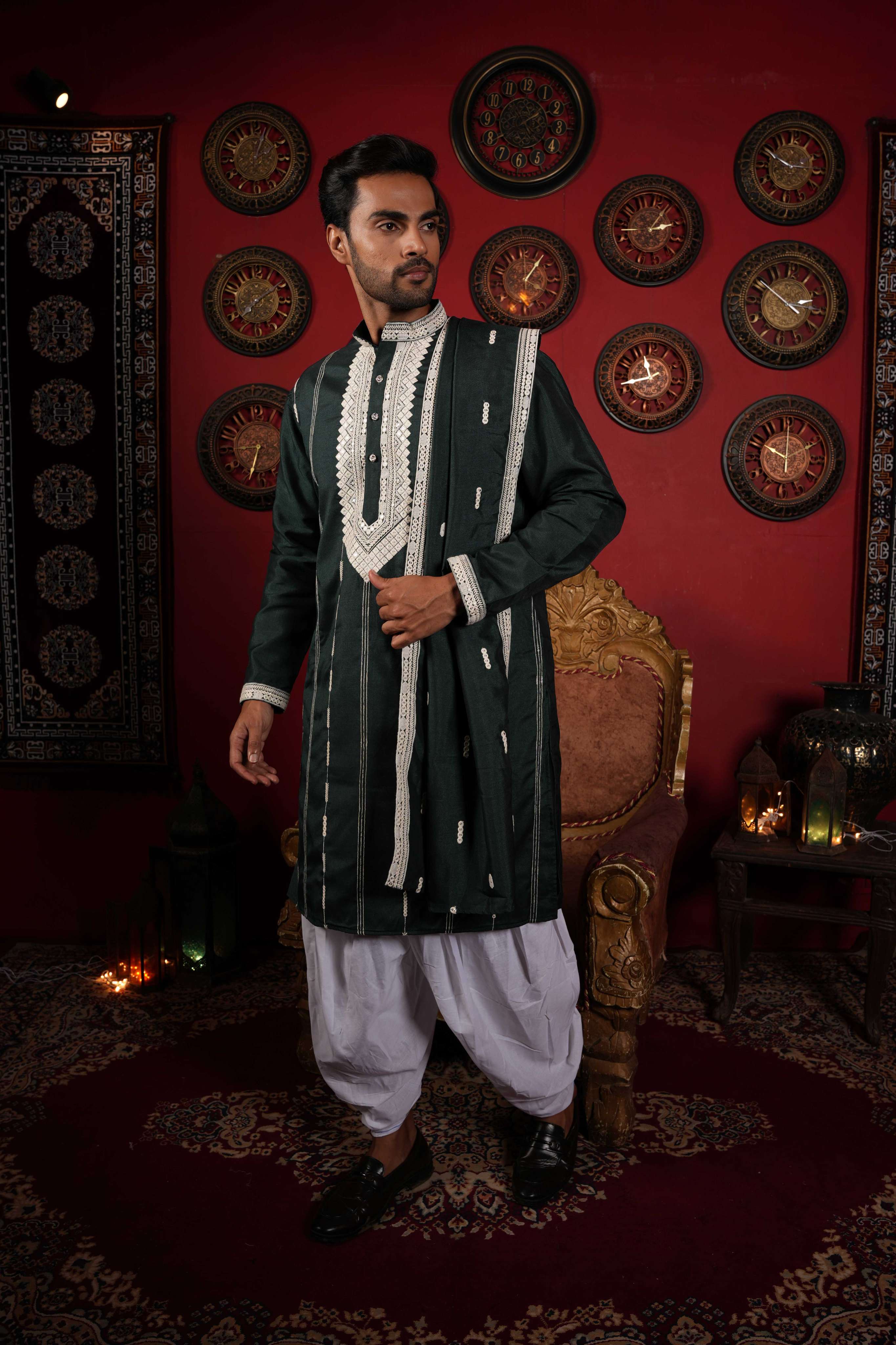 The Green Neck Embroidery Long Kurta