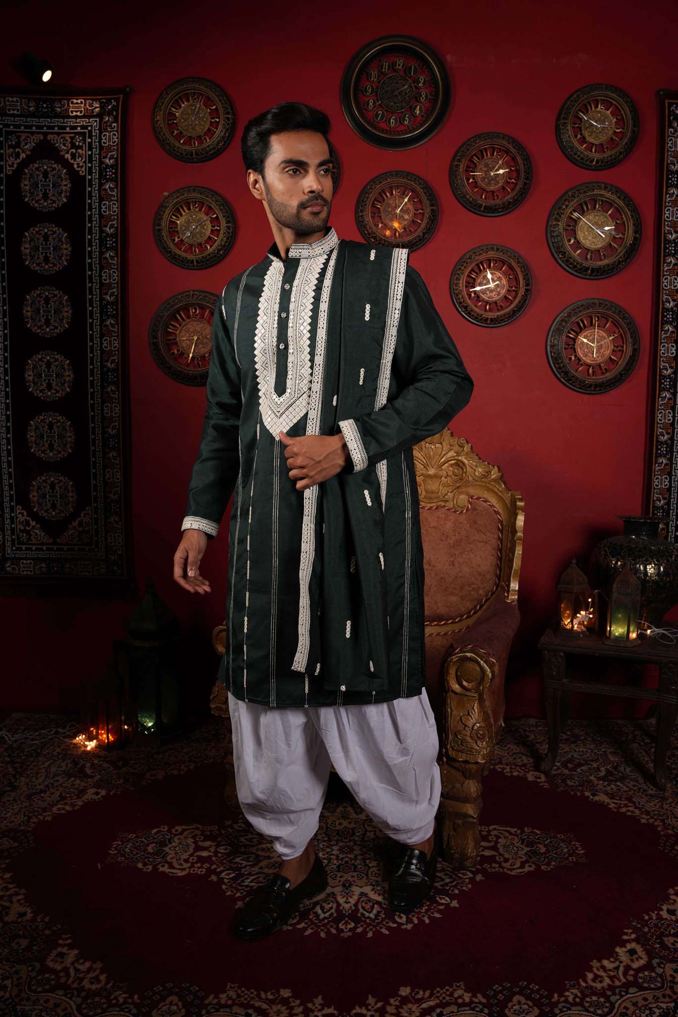 The Green Neck Embroidery Long Kurta