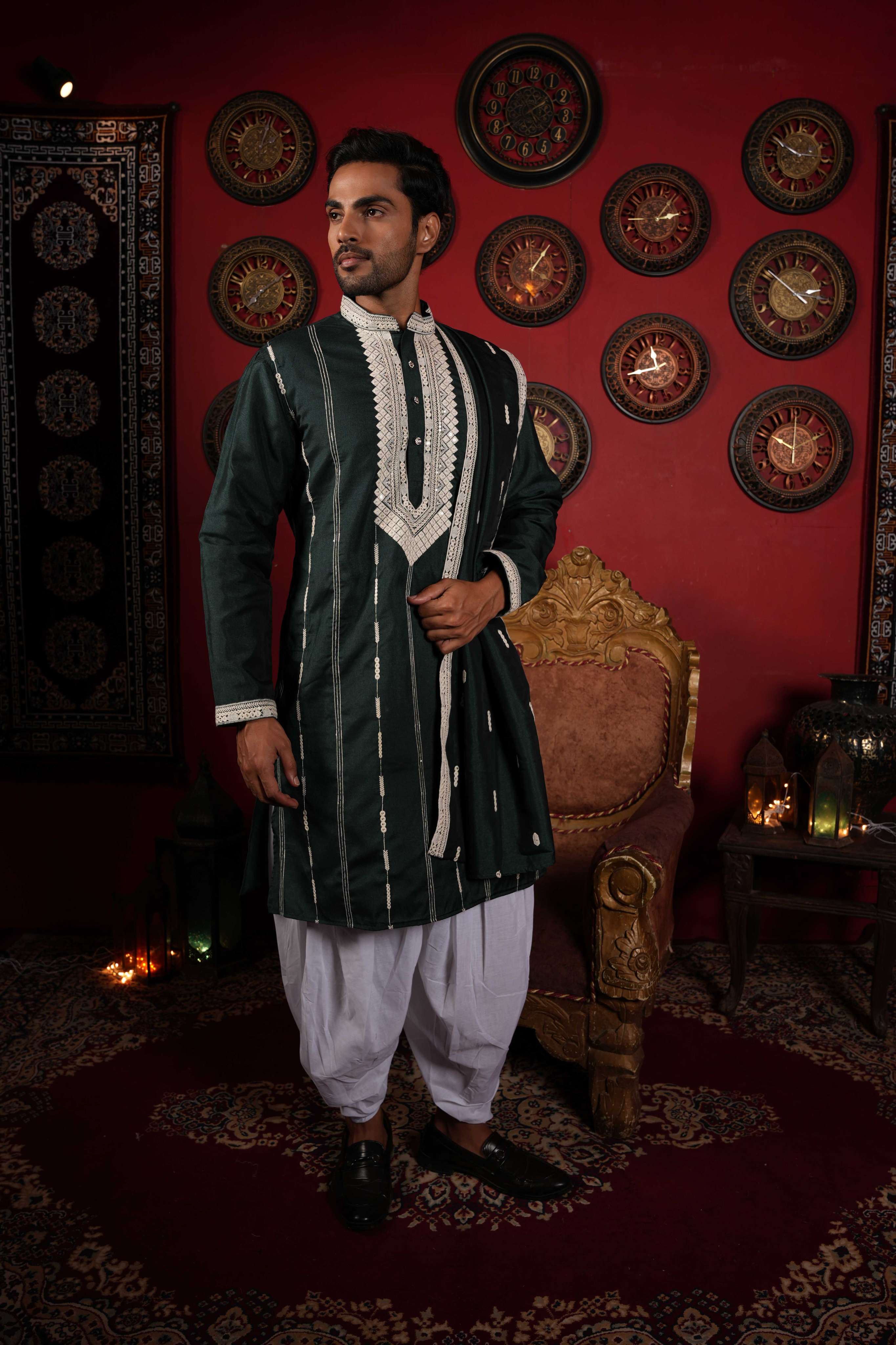 The Green Neck Embroidery Long Kurta