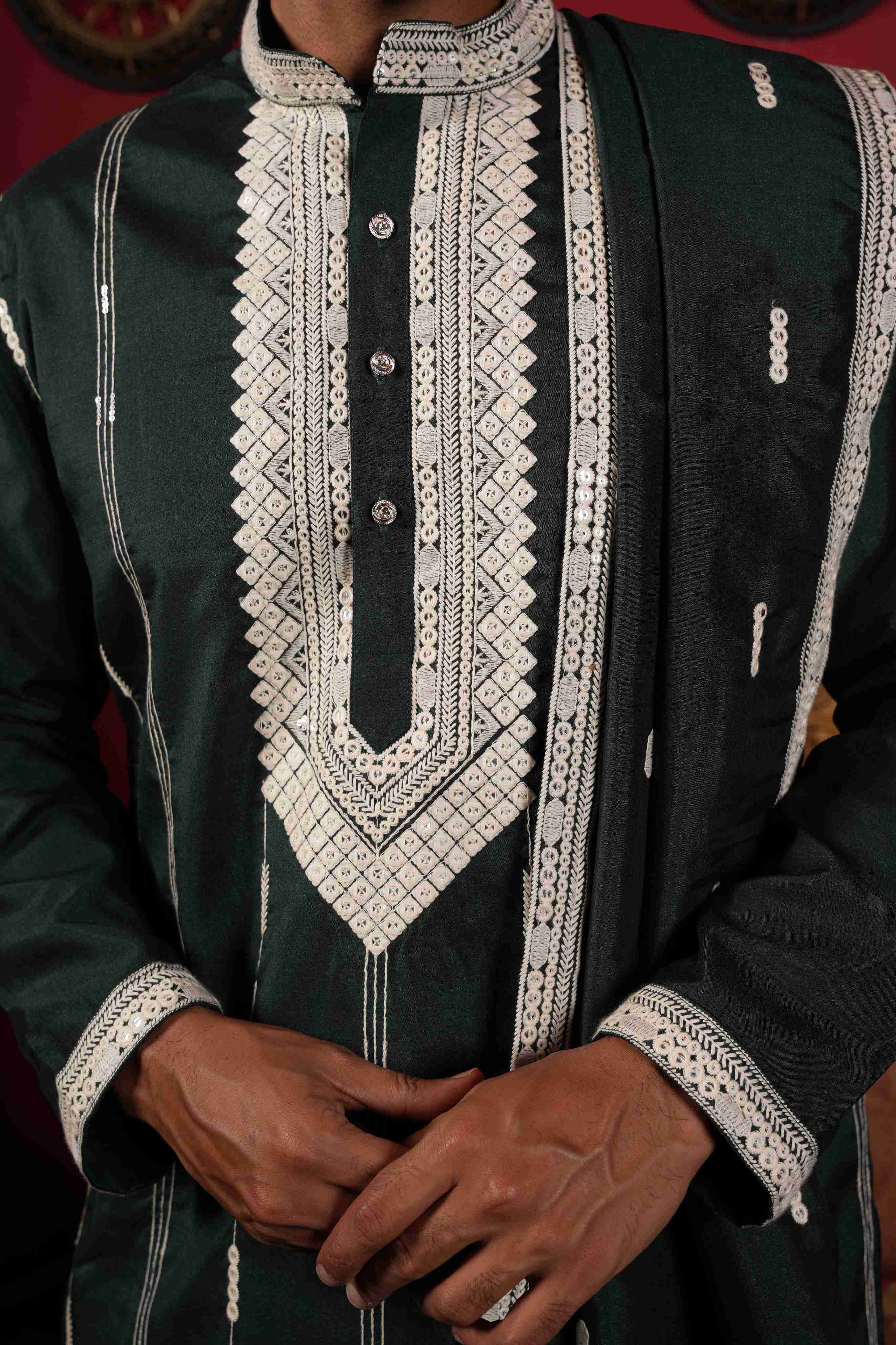 The Green Neck Embroidery Long Kurta
