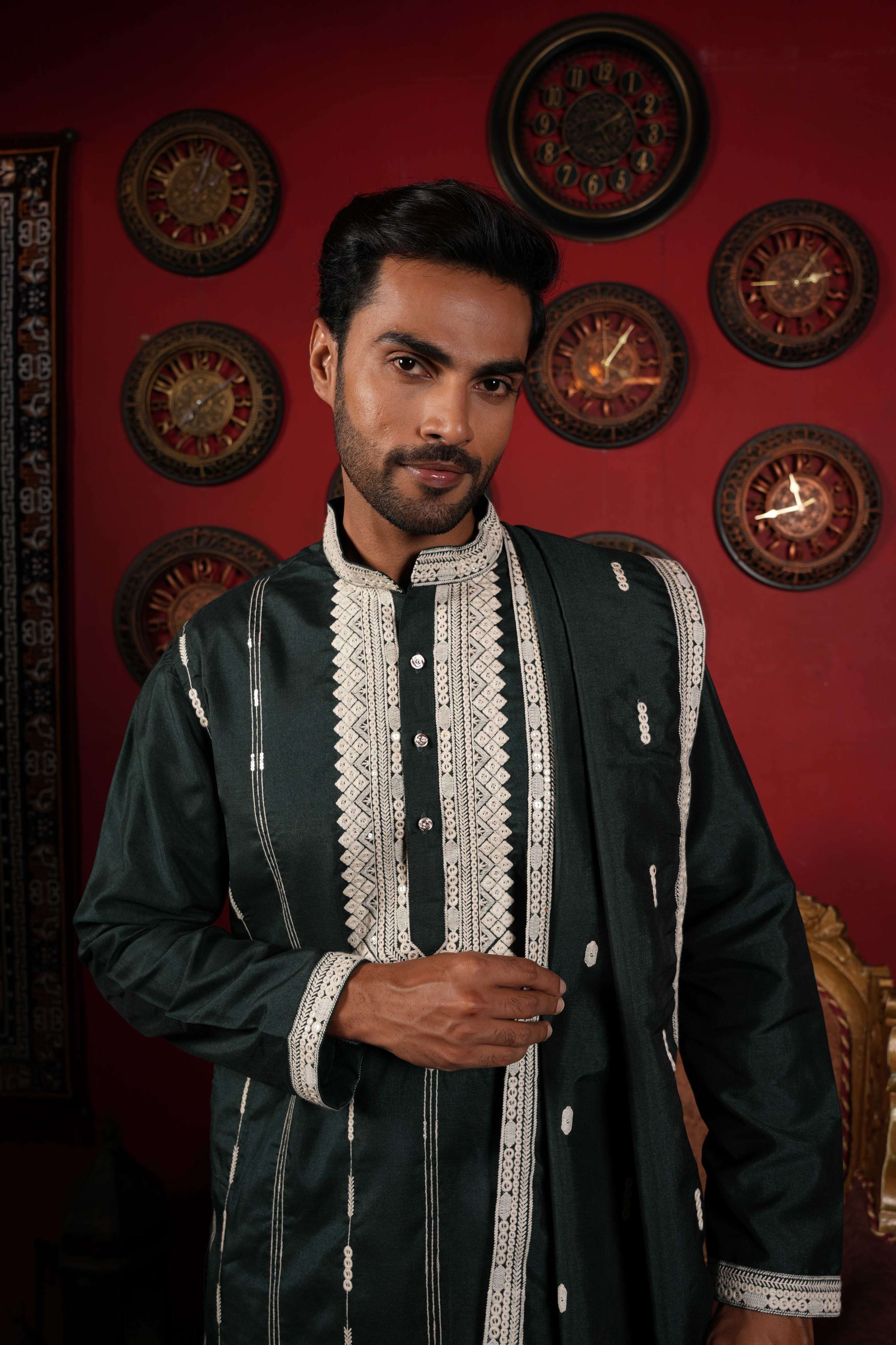 The Green Neck Embroidery Long Kurta