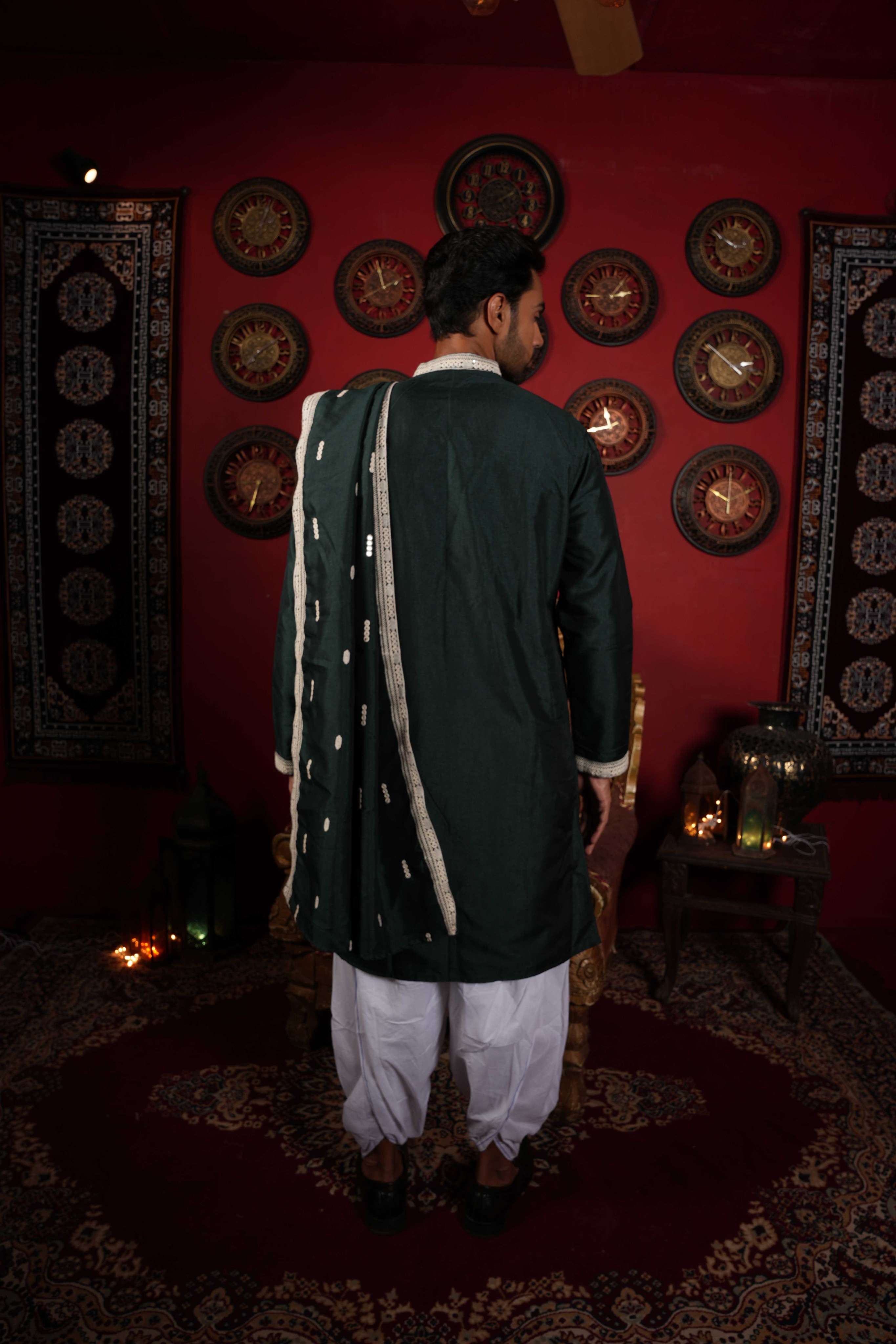 The Green Neck Embroidery Long Kurta