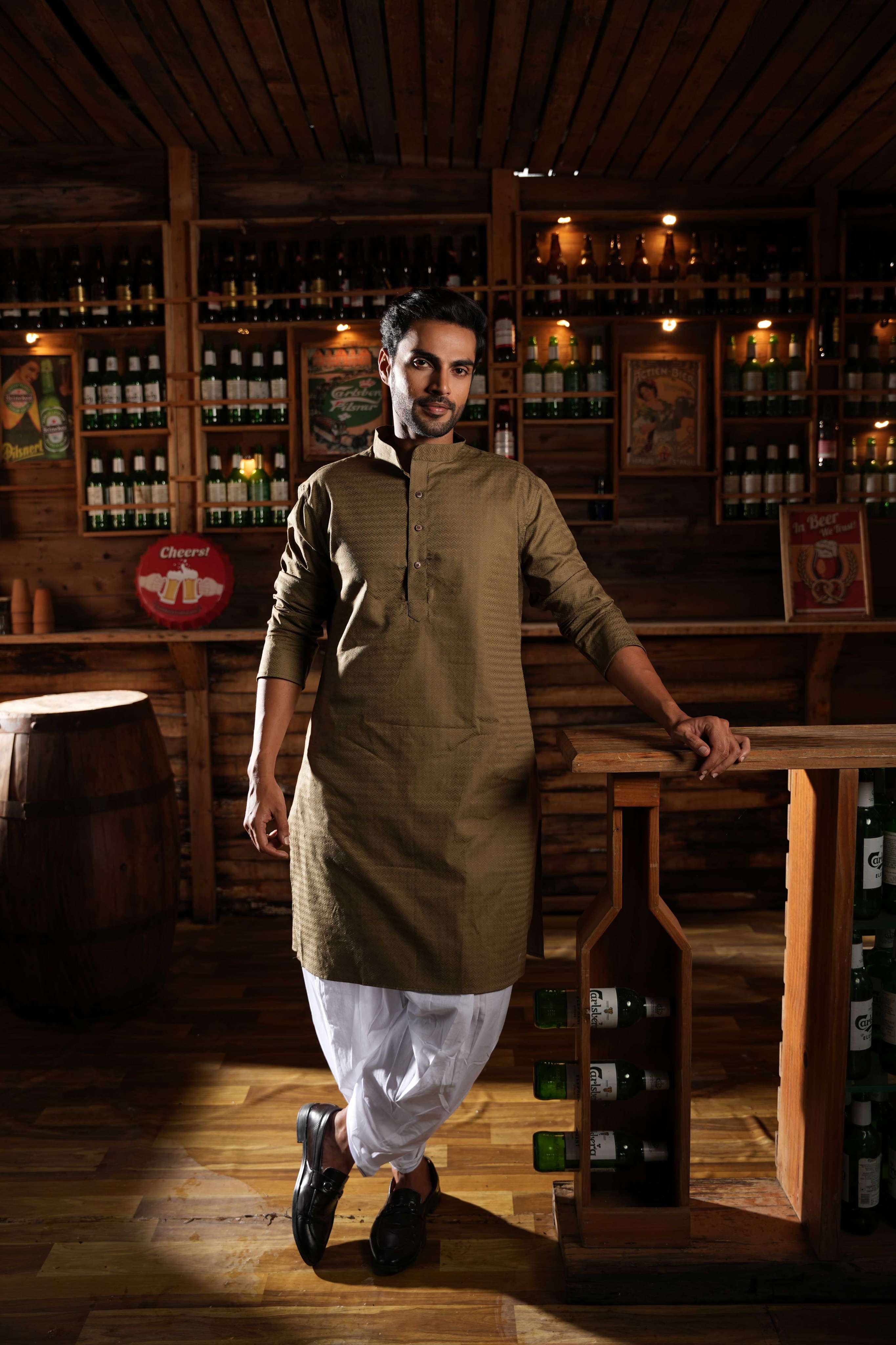 The Moss Brown Chevron Long Kurta