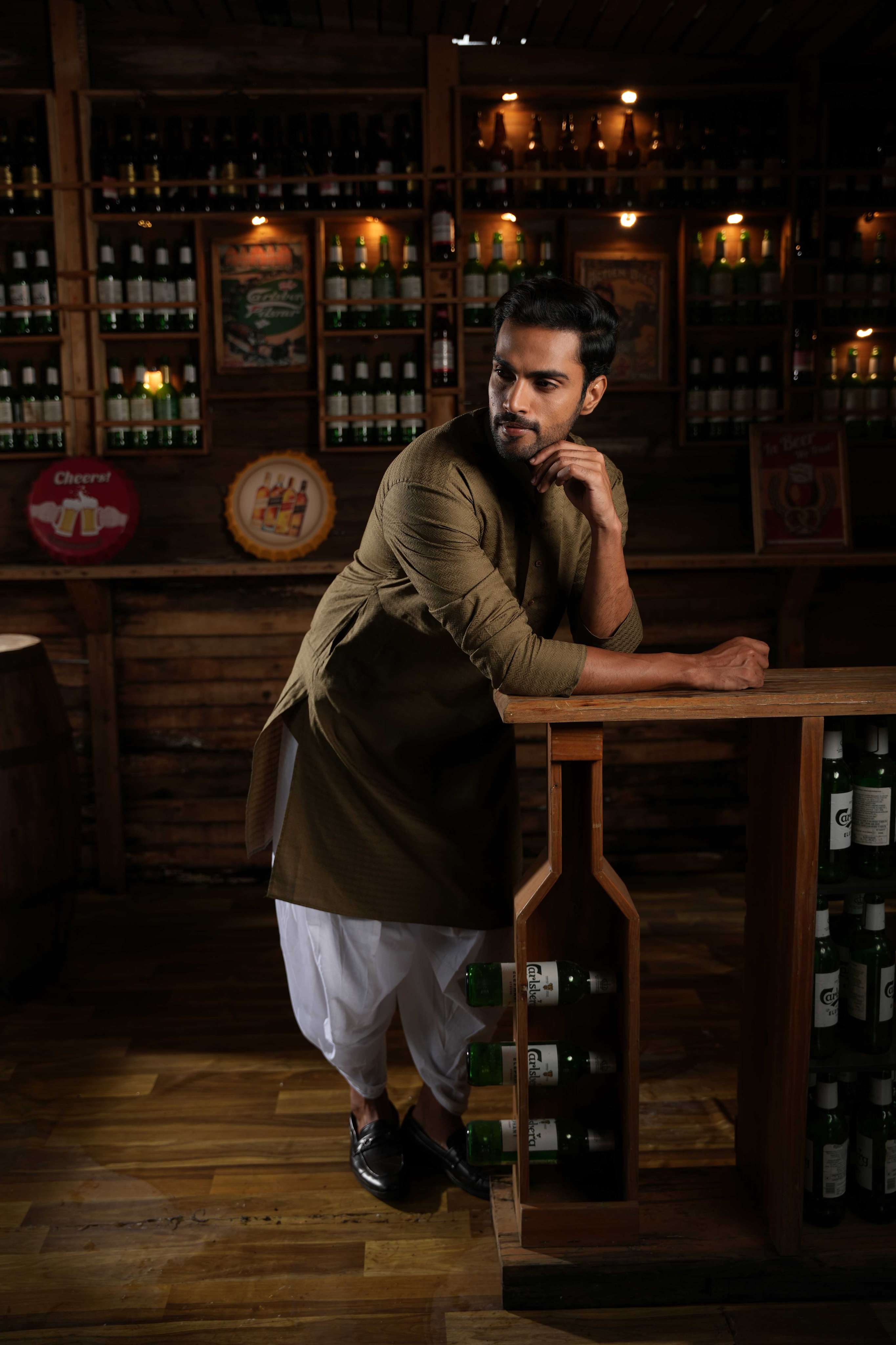 The Moss Brown Chevron Long Kurta